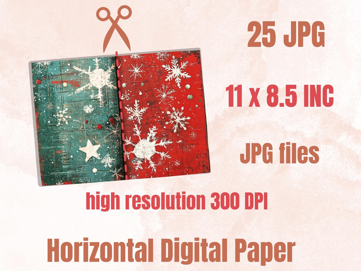 Abstract Christmas Mixed Media Paper, Double Xmas Pages Ephemera Kit, Digital Christmas Collage Scrapbook, Horizontal Junk Journal Pages