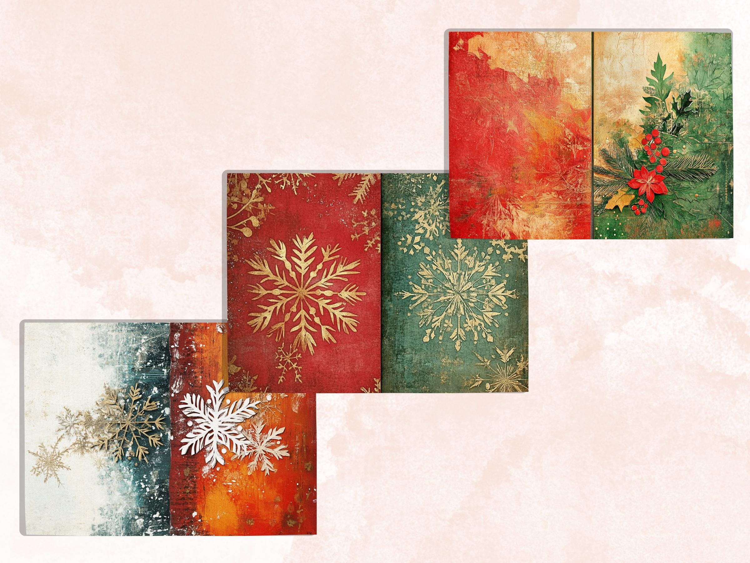 Abstract Christmas Mixed Media Paper, Double Xmas Pages Ephemera Kit, Digital Christmas Collage Scrapbook, Horizontal Junk Journal Pages