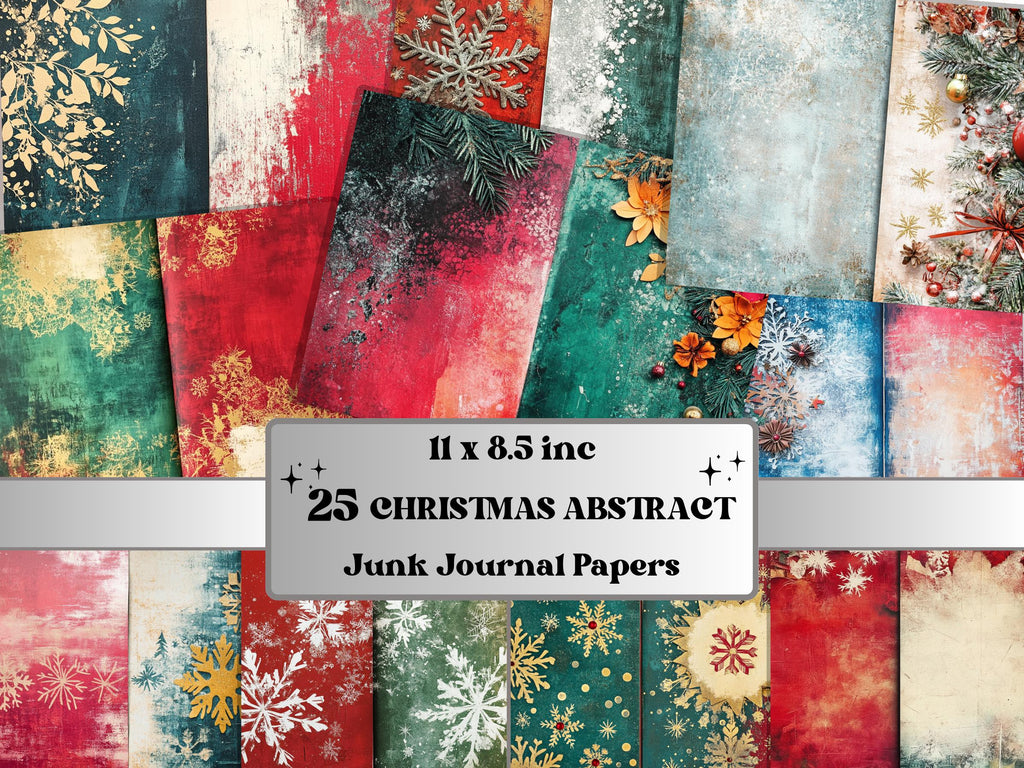 Abstract Christmas Mixed Media Paper, Double Xmas Pages Ephemera Kit, Digital Christmas Collage Scrapbook, Horizontal Junk Journal Pages