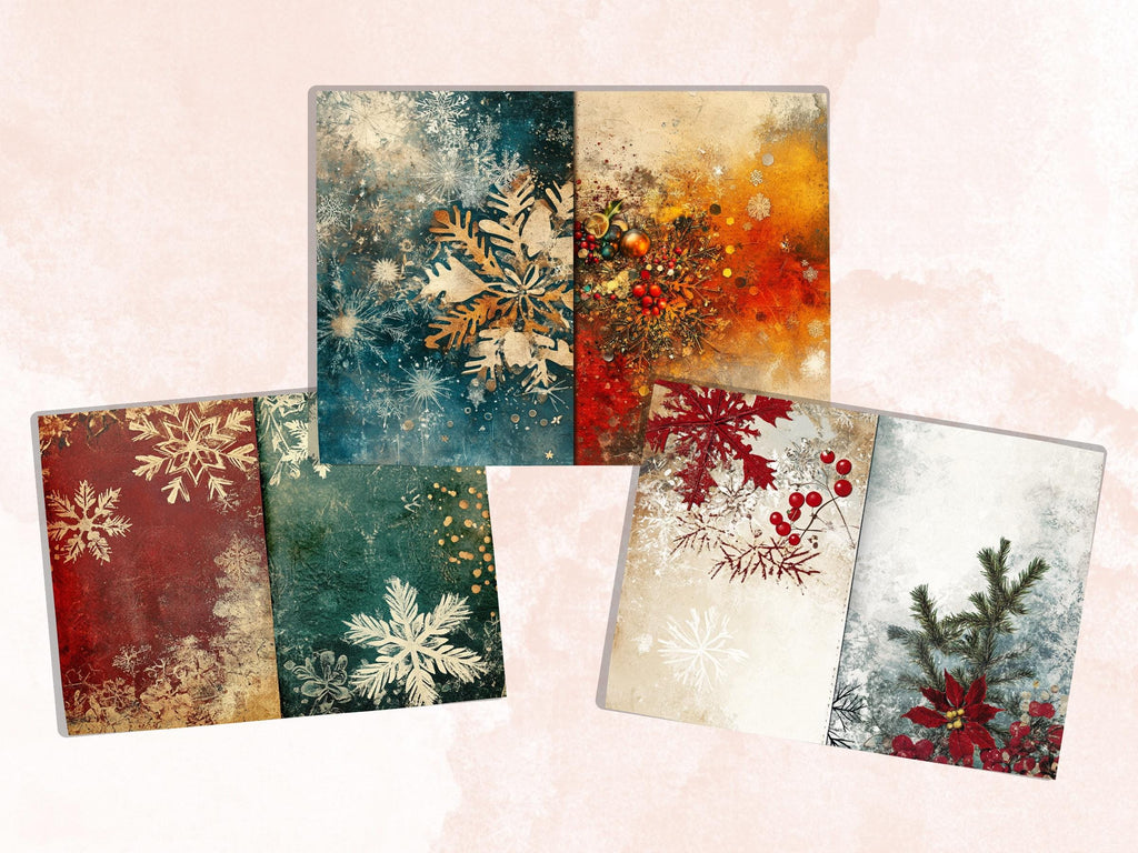 Abstract Christmas Mixed Media Paper, Double Xmas Pages Ephemera Kit, Digital Christmas Collage Scrapbook, Horizontal Junk Journal Pages