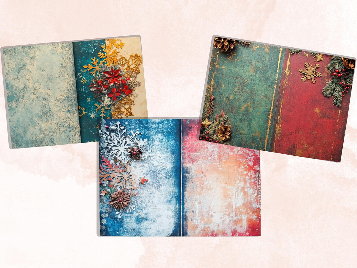 Abstract Christmas Mixed Media Paper, Double Xmas Pages Ephemera Kit, Digital Christmas Collage Scrapbook, Horizontal Junk Journal Pages