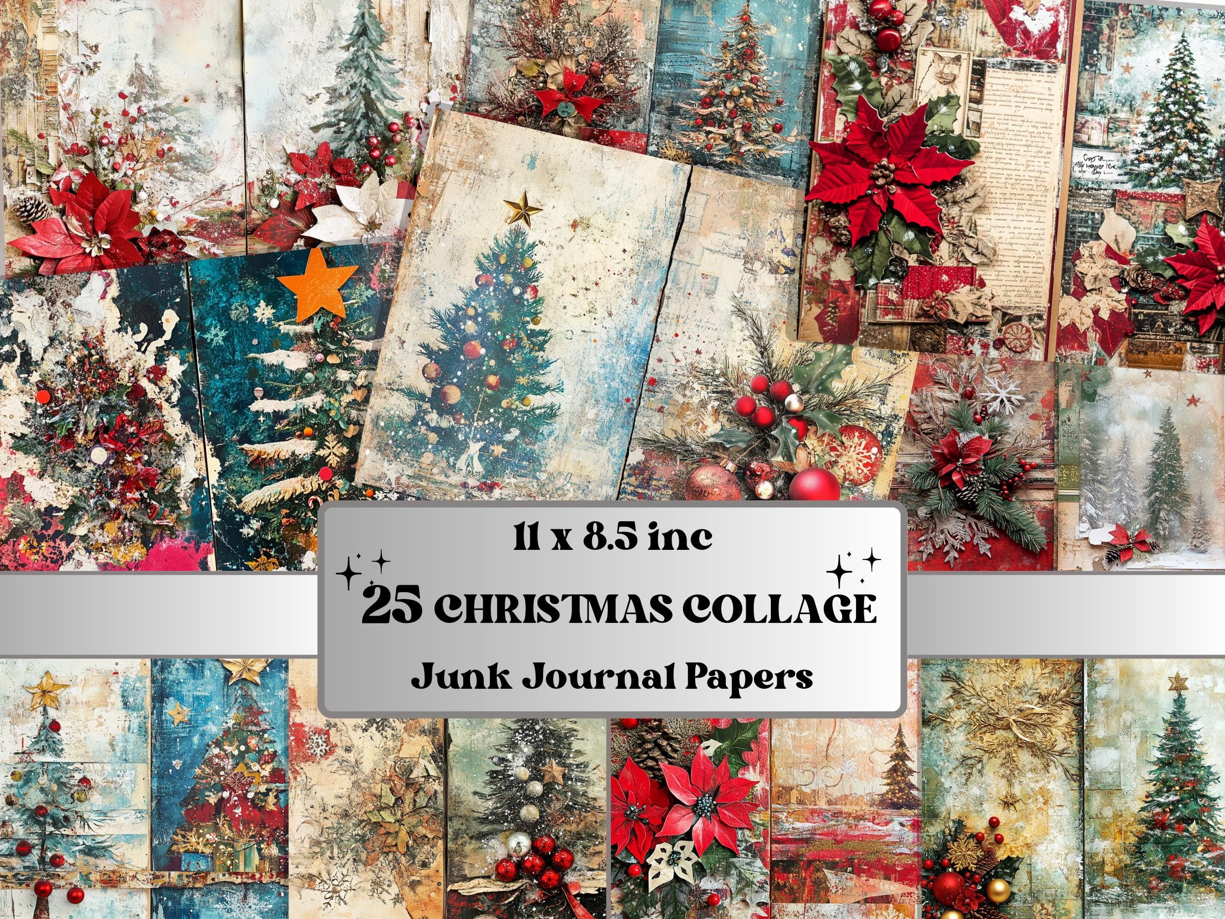 Collage Christmas Junk Journal Paper, Double Xmas Pages Ephemera Kit, Festive Christmas Printable Scrapbook, Horizontal Mixed Media Art
