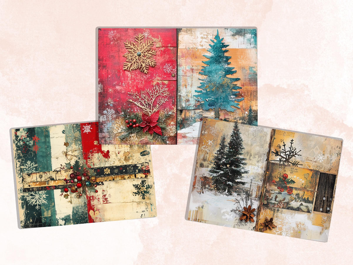 Collage Christmas Junk Journal Paper, Double Xmas Pages Ephemera Kit, Festive Christmas Printable Scrapbook, Horizontal Mixed Media Art