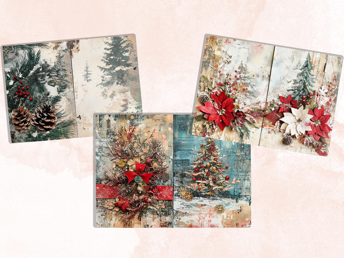 Collage Christmas Junk Journal Paper, Double Xmas Pages Ephemera Kit, Festive Christmas Printable Scrapbook, Horizontal Mixed Media Art