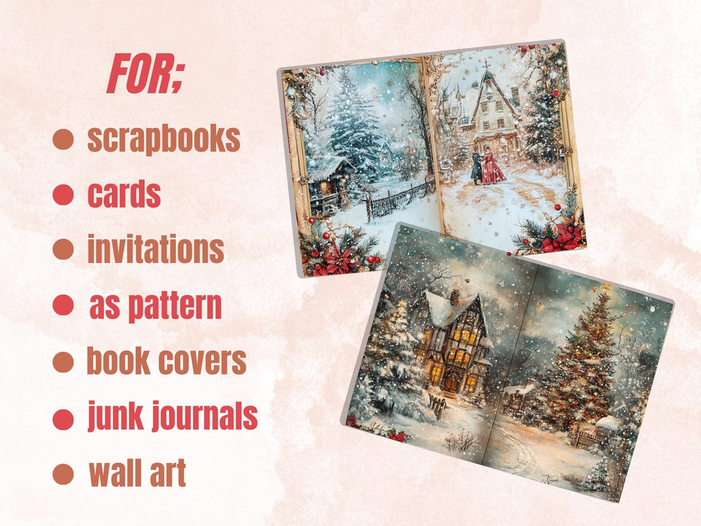 Fairytale Christmas Junk Journal Paper, Double Pages Ephemera Kit, Whimsical Christmas Collage Scrapbook, Magical Horizontal Digital Pages