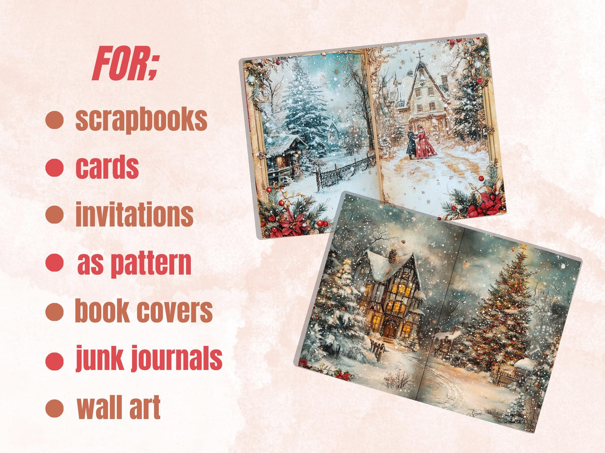 Fairytale Christmas Junk Journal Paper, Double Pages Ephemera Kit, Whimsical Christmas Collage Scrapbook, Magical Horizontal Digital Pages