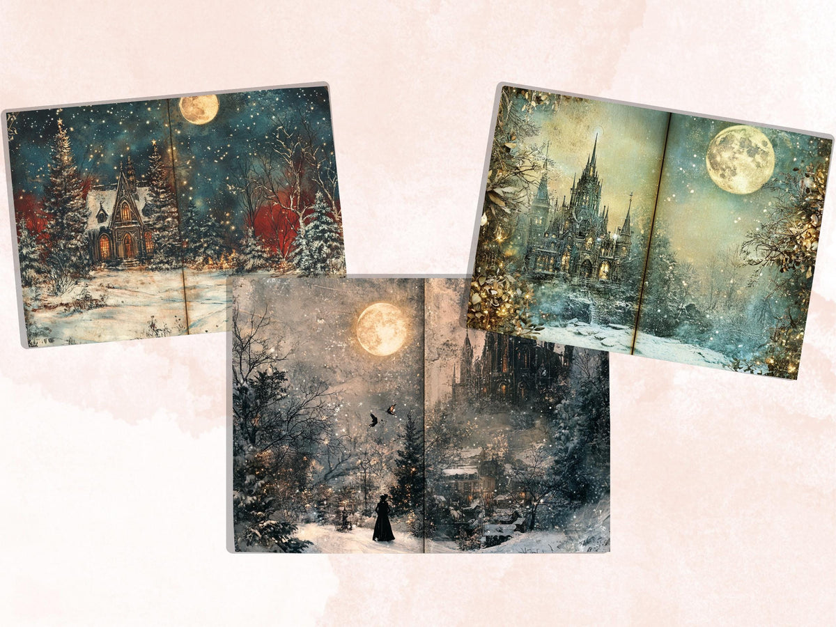 Gothic Christmas Junk Journal Paper, Double Xmas Pages Ephemera Kit, Creepy Christmas Collage Scrapbook, Magical Horizontal Digital Pages