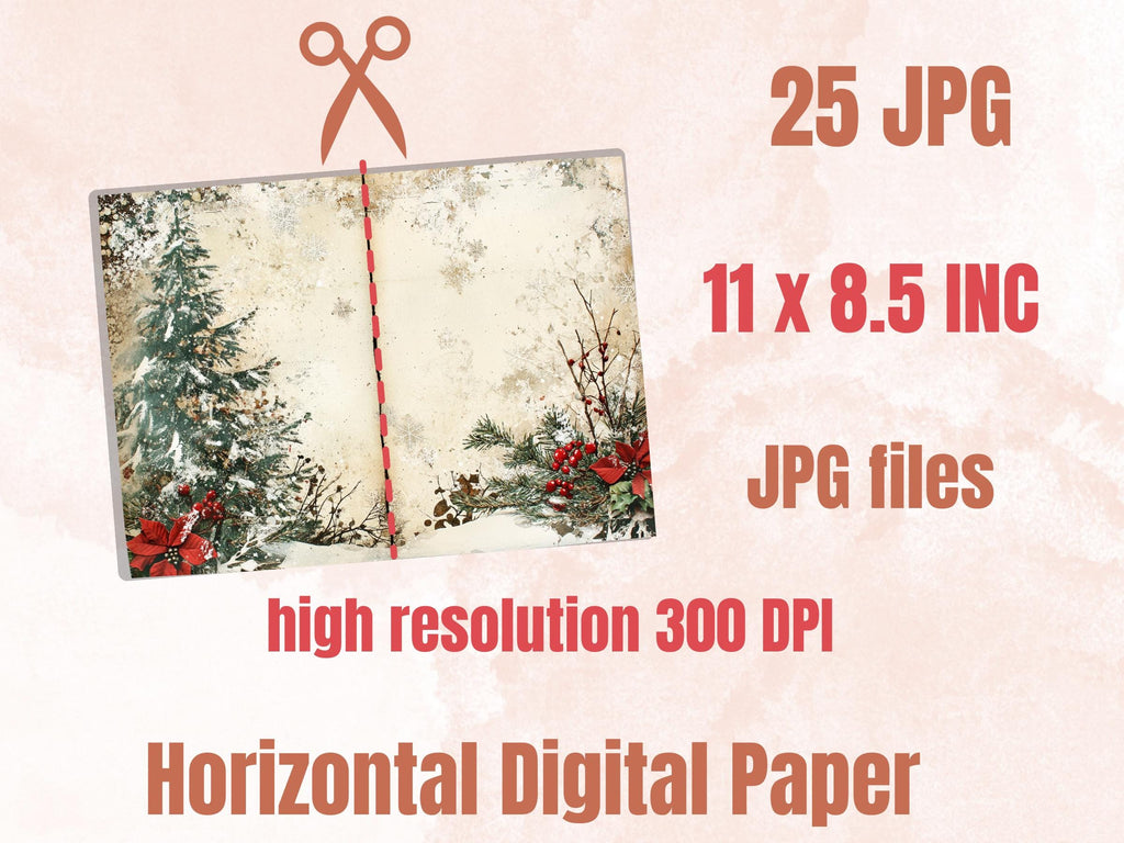 Grunge Christmas Junk Journal Paper, Double Xmas Pages Ephemera Kit, Festive Christmas Printable Scrapbook, Horizontal Mixed Media Art