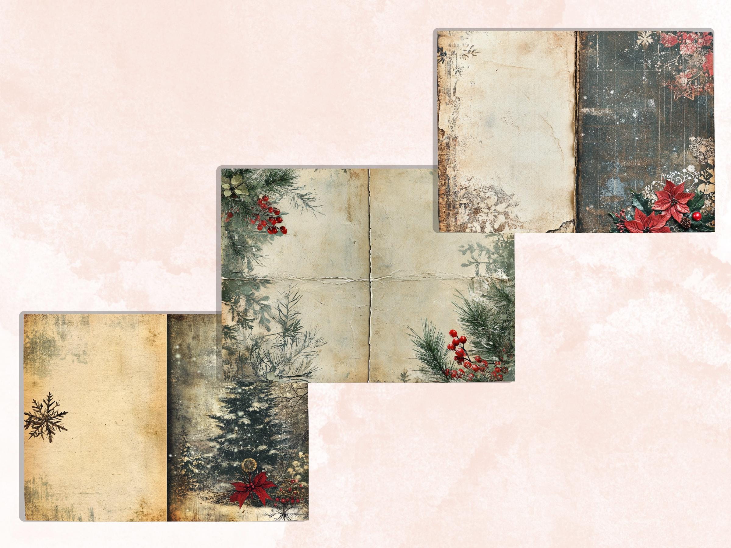 Grunge Christmas Junk Journal Paper, Double Xmas Pages Ephemera Kit, Festive Christmas Printable Scrapbook, Horizontal Mixed Media Art