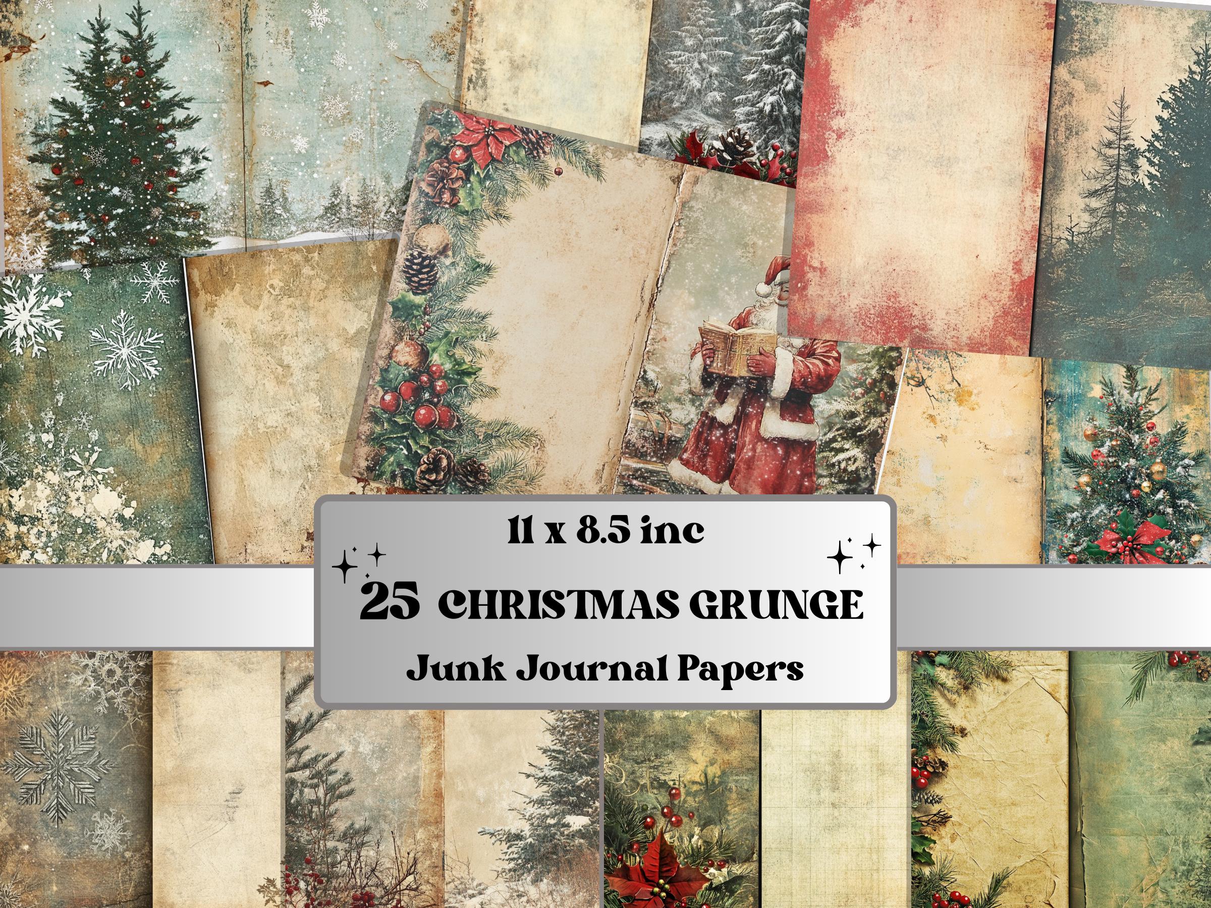 Grunge Christmas Junk Journal Paper, Double Xmas Pages Ephemera Kit, Festive Christmas Printable Scrapbook, Horizontal Mixed Media Art