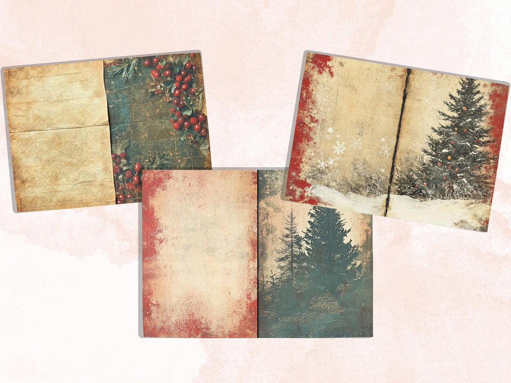 Grunge Christmas Junk Journal Paper, Double Xmas Pages Ephemera Kit, Festive Christmas Printable Scrapbook, Horizontal Mixed Media Art