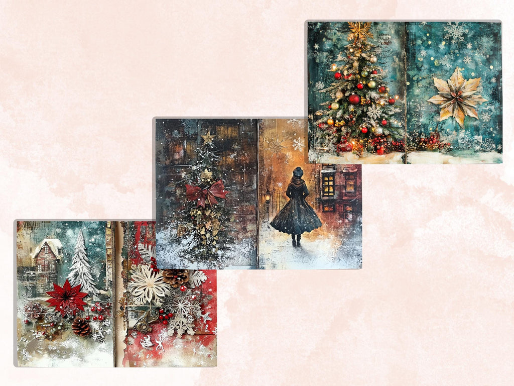 Mixed Media Christmas Paper Ephemera, Double Xmas Pages Journal Kit, Whimsical Christmas Collage Scrapbook, Junk Journal Horizontal Paper