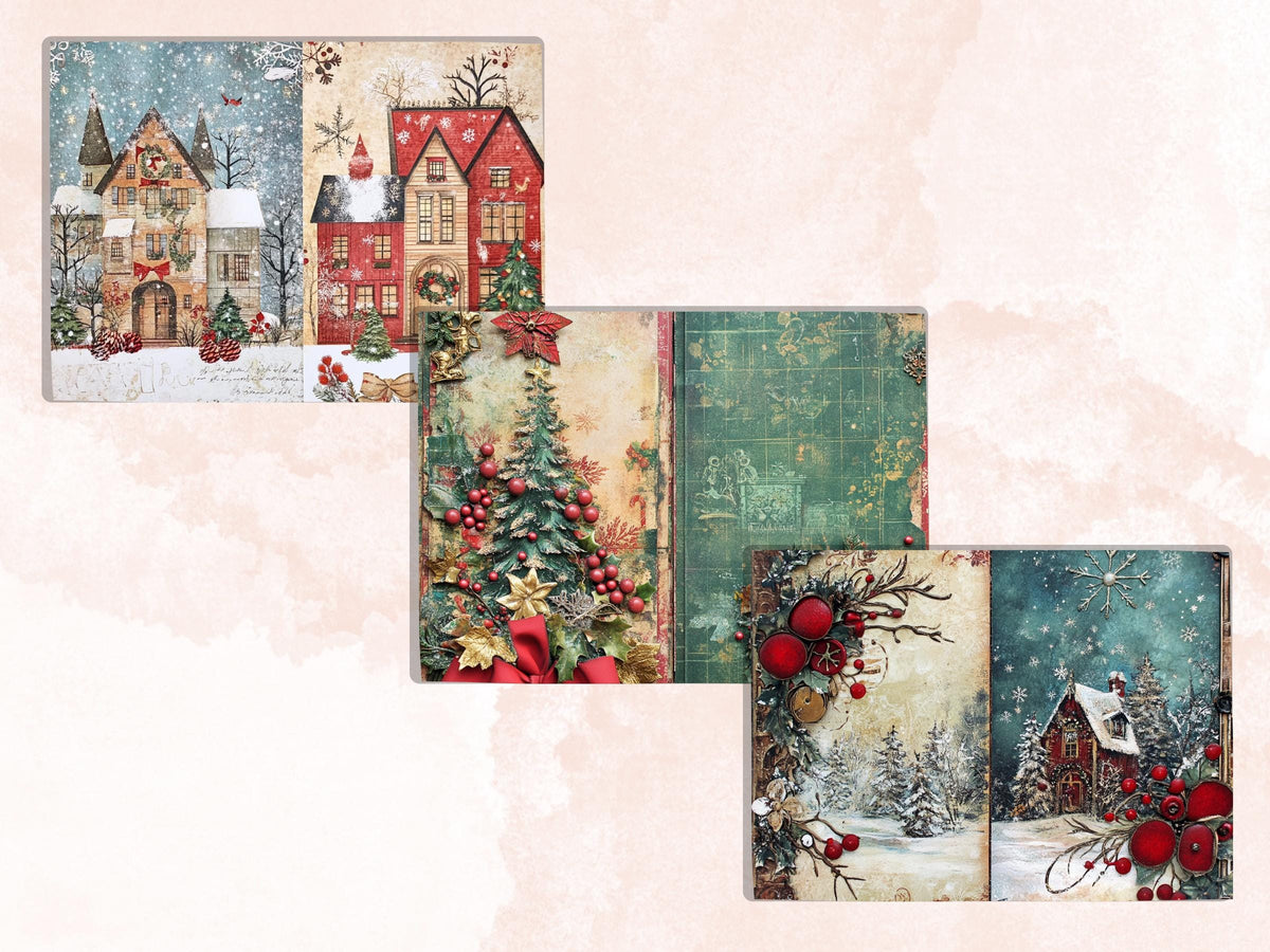 Whimsical Christmas Junk Journal Paper, Double Pages Ephemera Kit, Quirky Christmas Collage Scrapbook, Printable Horizontal Digital Pages