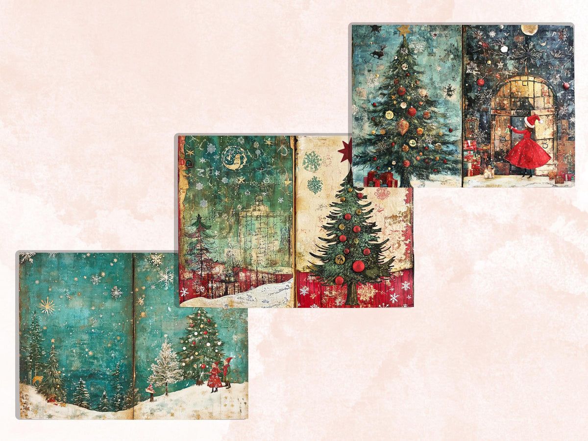 Whimsical Christmas Junk Journal Paper, Double Pages Ephemera Kit, Quirky Christmas Collage Scrapbook, Printable Horizontal Digital Pages