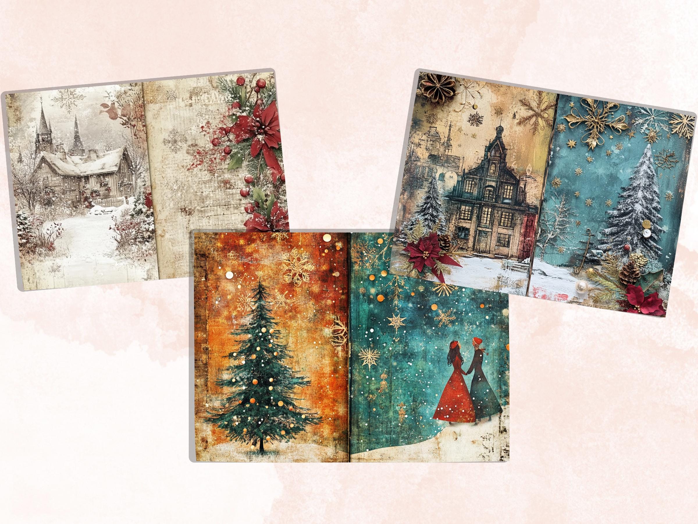 Whimsical Christmas Junk Journal Paper, Double Pages Ephemera Kit, Quirky Christmas Collage Scrapbook, Printable Horizontal Digital Pages