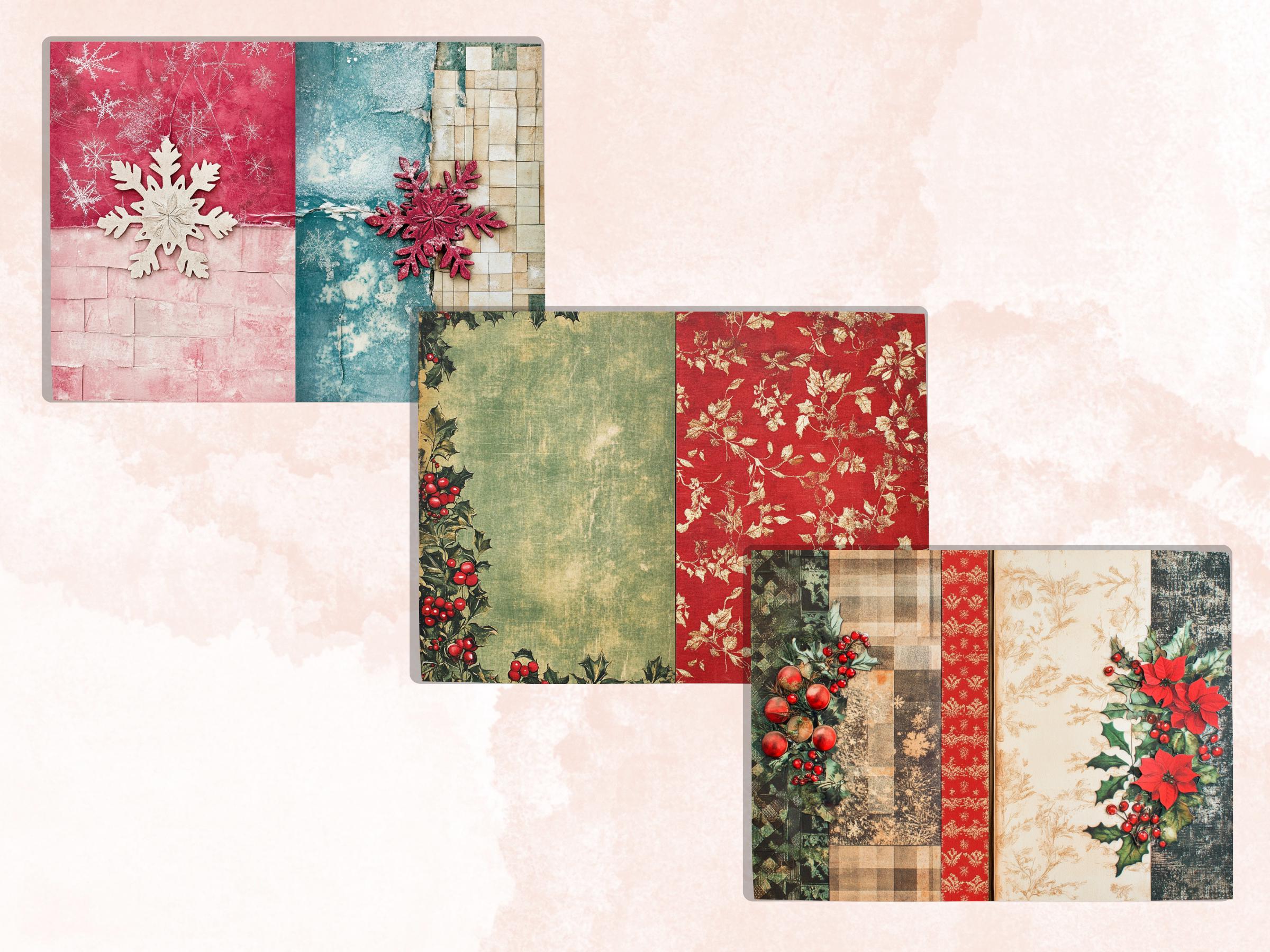 Christmas Patchwork Mixed Media Paper, Double Pages Ephemera Kit, Digital Christmas Collage Scrapbook, Horizontal Junk Journal Pages