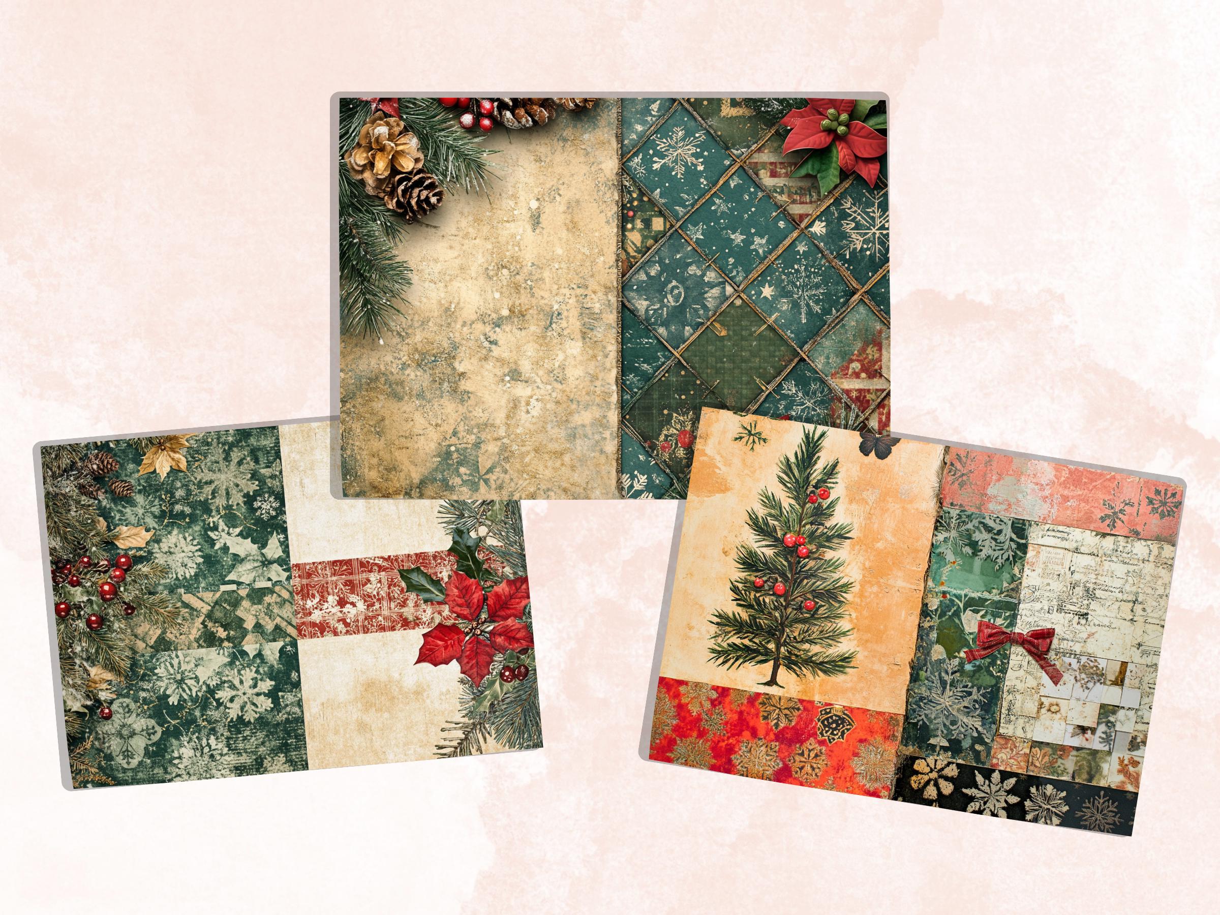 Christmas Patchwork Mixed Media Paper, Double Pages Ephemera Kit, Digital Christmas Collage Scrapbook, Horizontal Junk Journal Pages