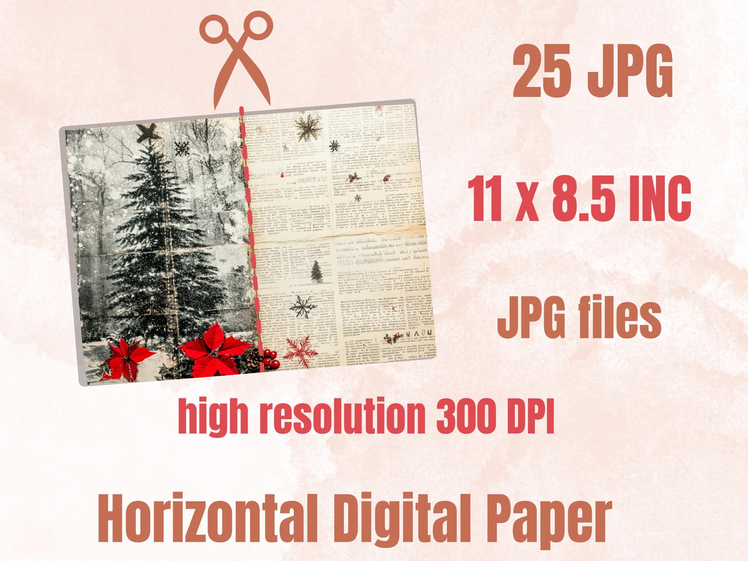 Newspaper Christmas Mixed Media Paper, Double Pages Ephemera Kit, Digital Christmas Collage Scrapbook, Horizontal Junk Journal Pages