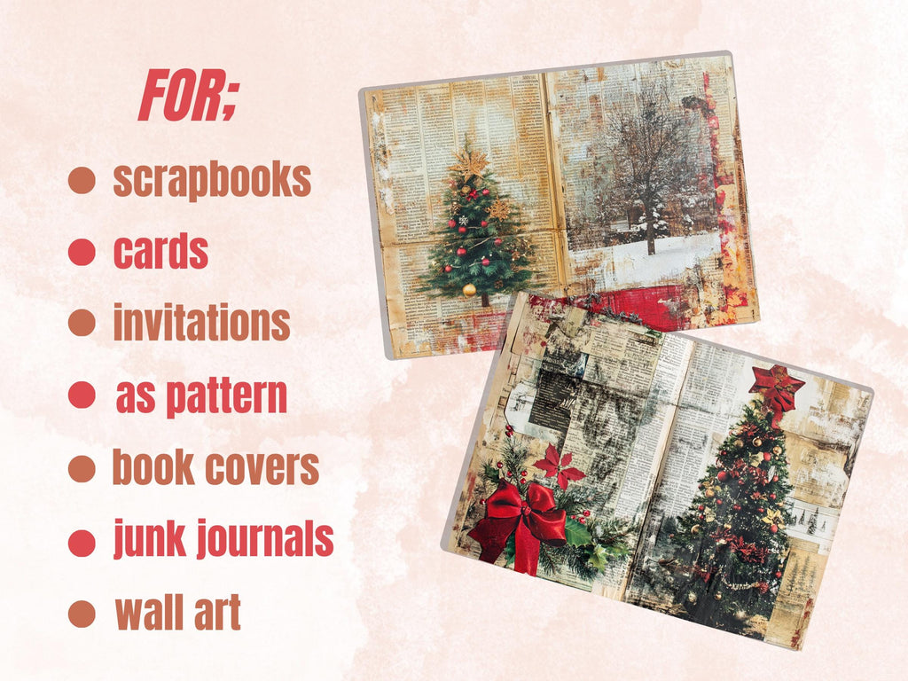 Newspaper Christmas Mixed Media Paper, Double Pages Ephemera Kit, Digital Christmas Collage Scrapbook, Horizontal Junk Journal Pages