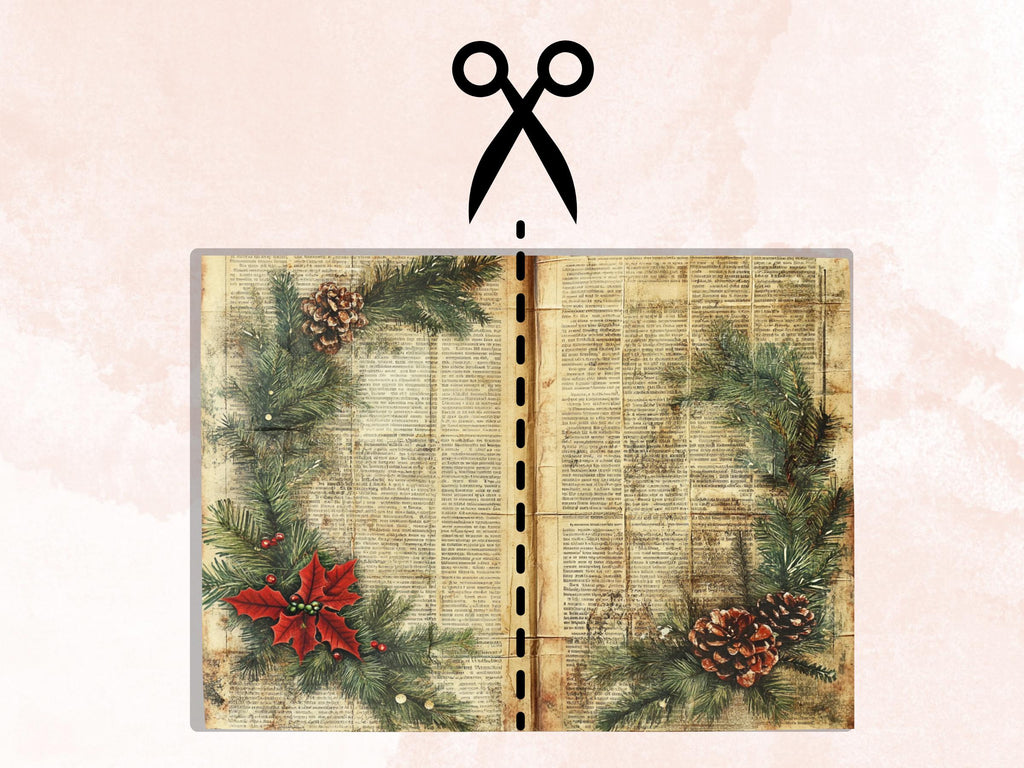 Newspaper Christmas Mixed Media Paper, Double Pages Ephemera Kit, Digital Christmas Collage Scrapbook, Horizontal Junk Journal Pages