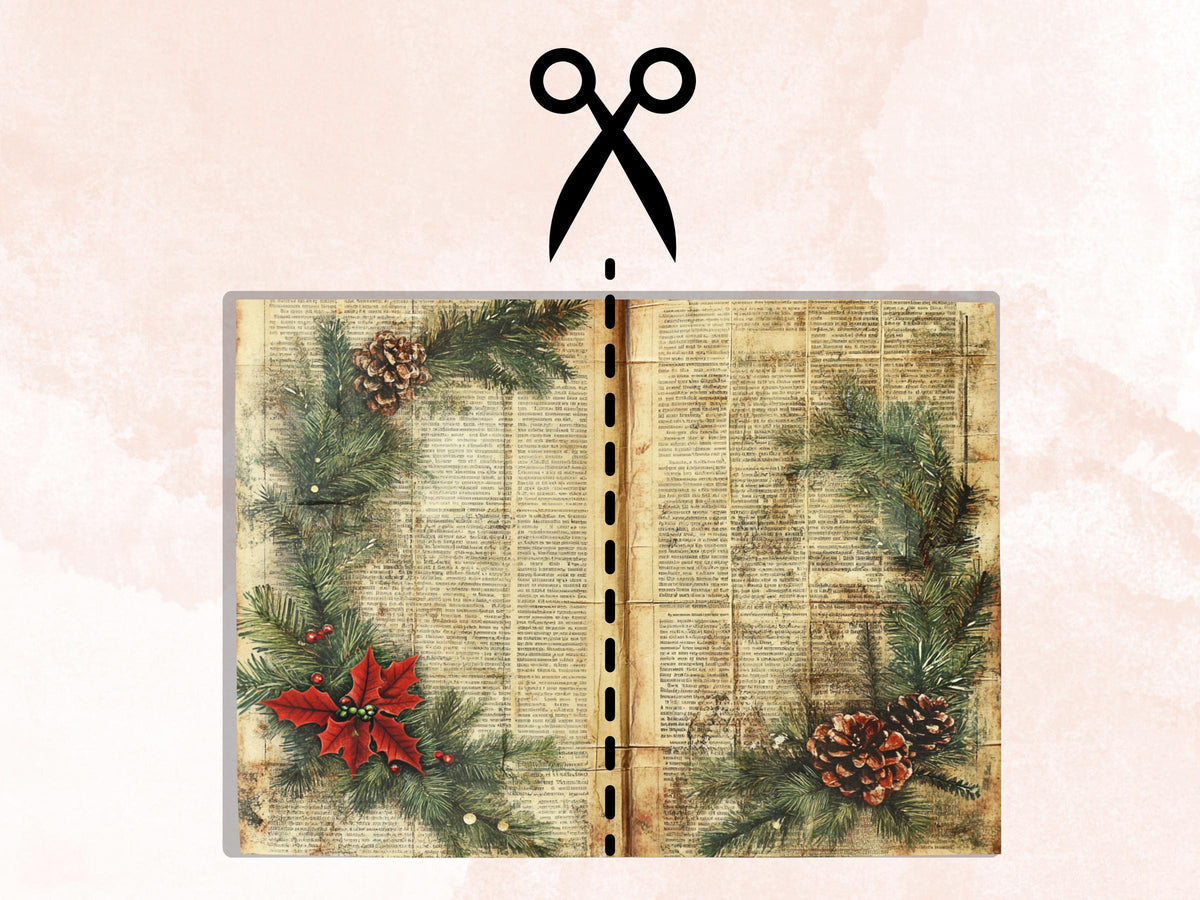 Newspaper Christmas Mixed Media Paper, Double Pages Ephemera Kit, Digital Christmas Collage Scrapbook, Horizontal Junk Journal Pages