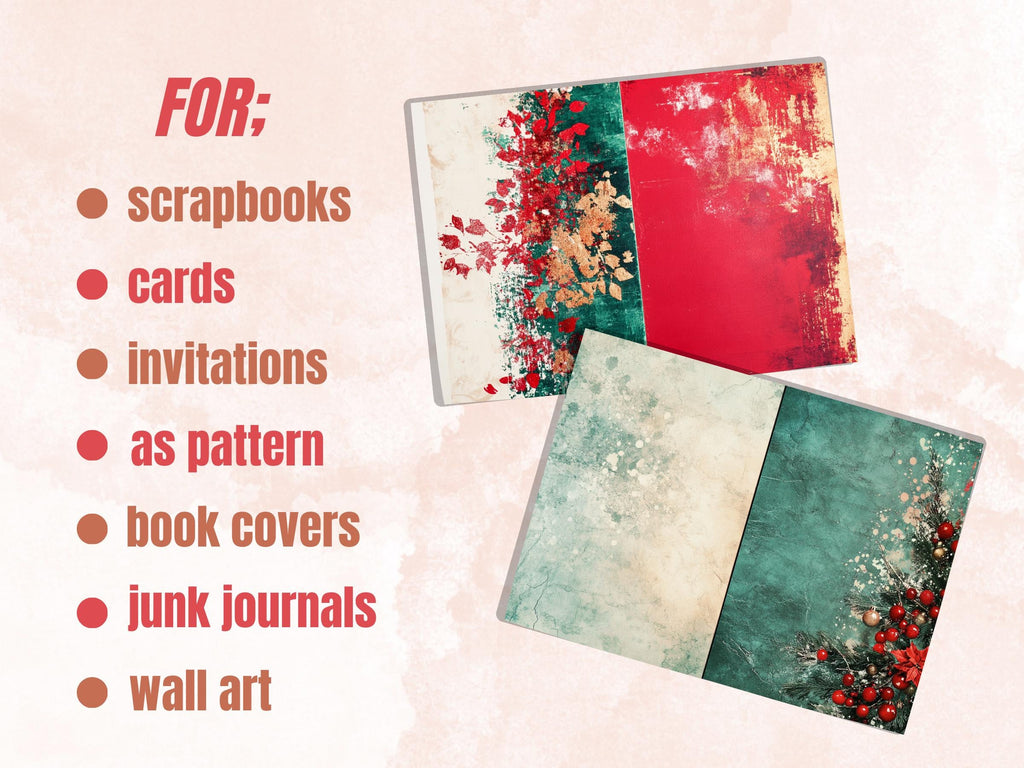 Abstract Christmas Mixed Media Paper, Double Xmas Pages Ephemera Kit, Digital Christmas Collage Scrapbook, Horizontal Junk Journal Pages