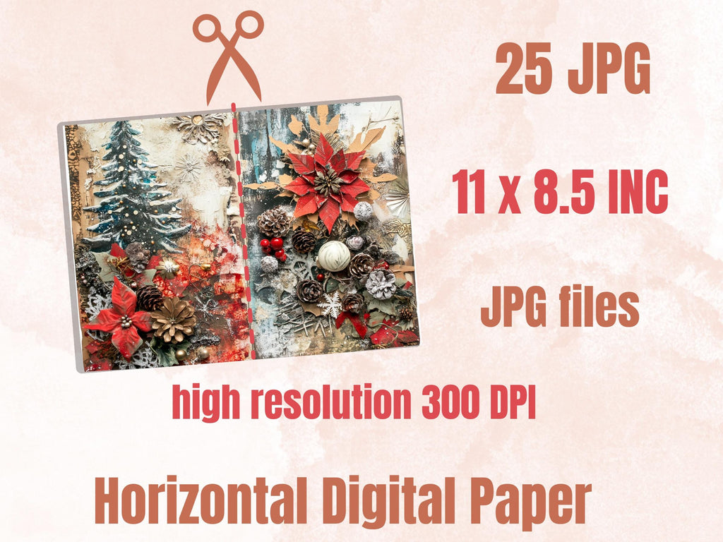 Collage Christmas Junk Journal Paper, Double Xmas Pages Ephemera Kit, Festive Christmas Printable Scrapbook, Horizontal Mixed Media Art
