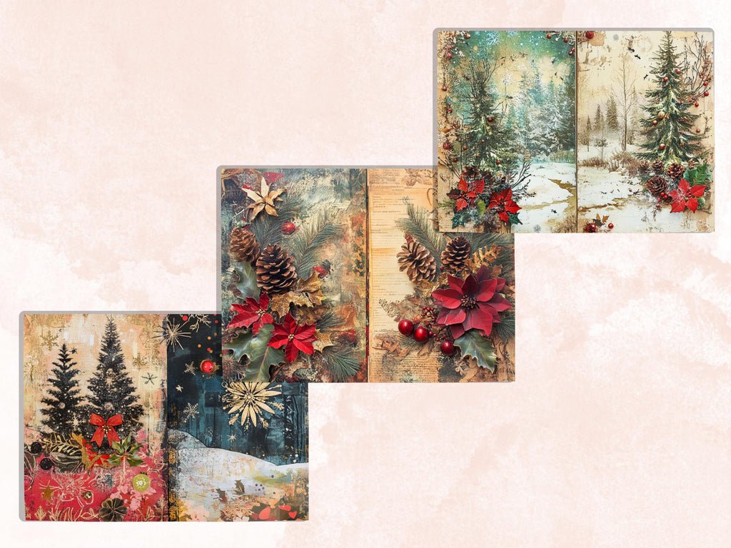 Collage Christmas Junk Journal Paper, Double Xmas Pages Ephemera Kit, Festive Christmas Printable Scrapbook, Horizontal Mixed Media Art