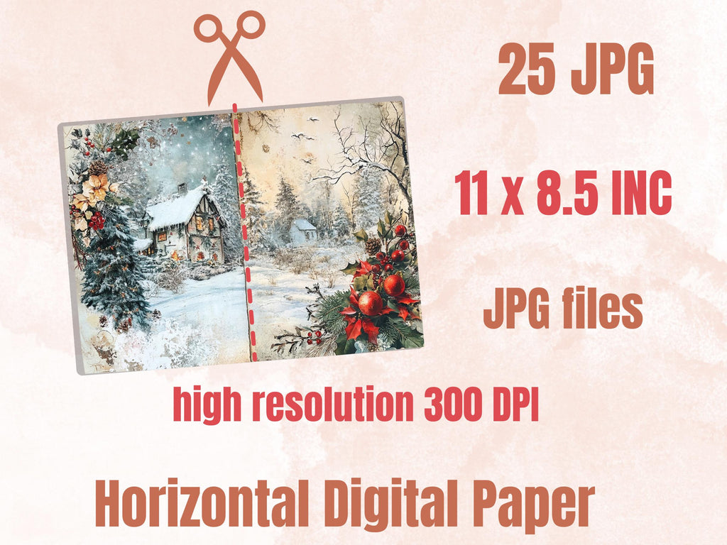 Fairytale Christmas Junk Journal Paper, Double Pages Ephemera Kit, Whimsical Christmas Collage Scrapbook, Magical Horizontal Digital Pages
