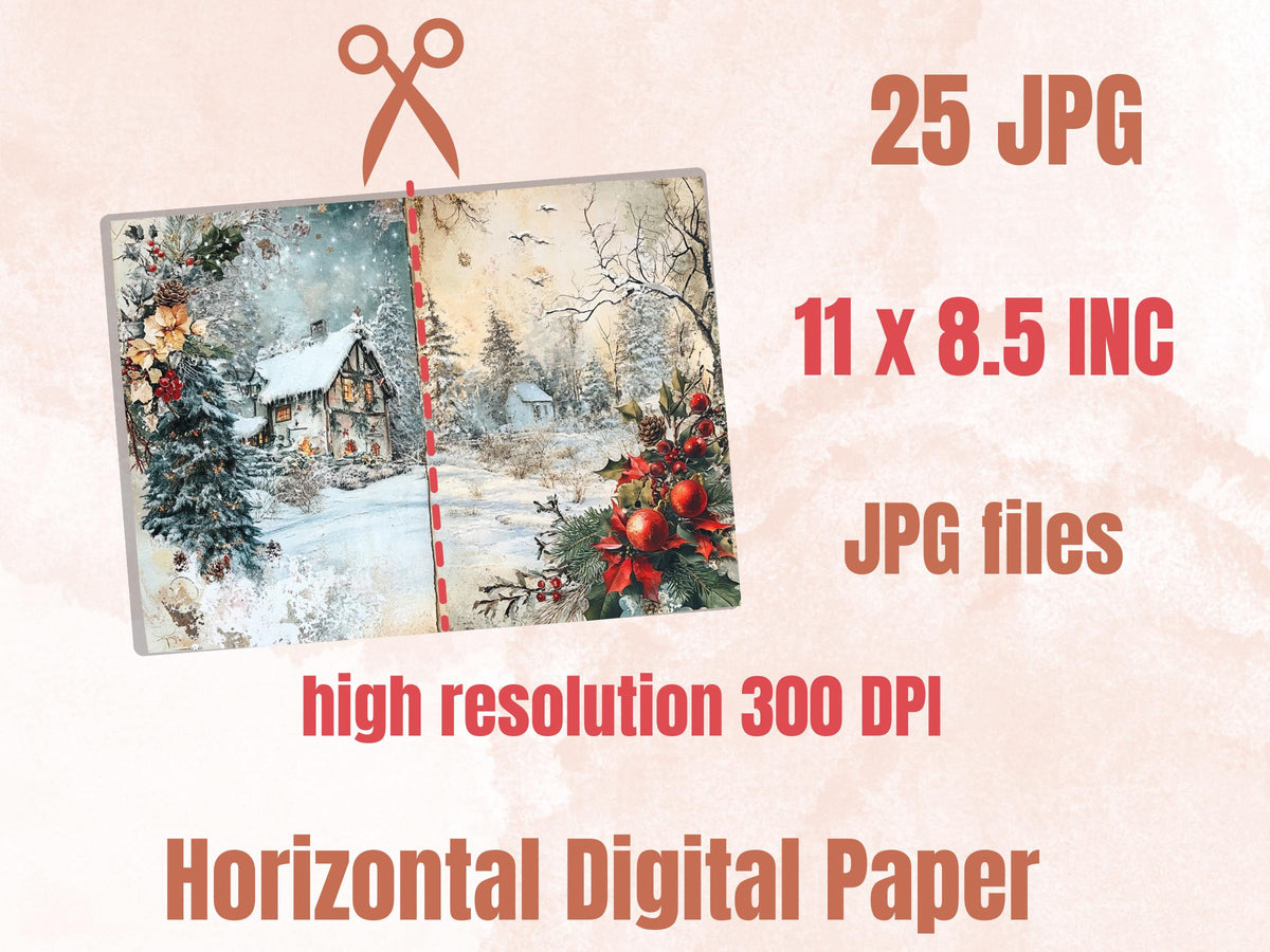 Fairytale Christmas Junk Journal Paper, Double Pages Ephemera Kit, Whimsical Christmas Collage Scrapbook, Magical Horizontal Digital Pages