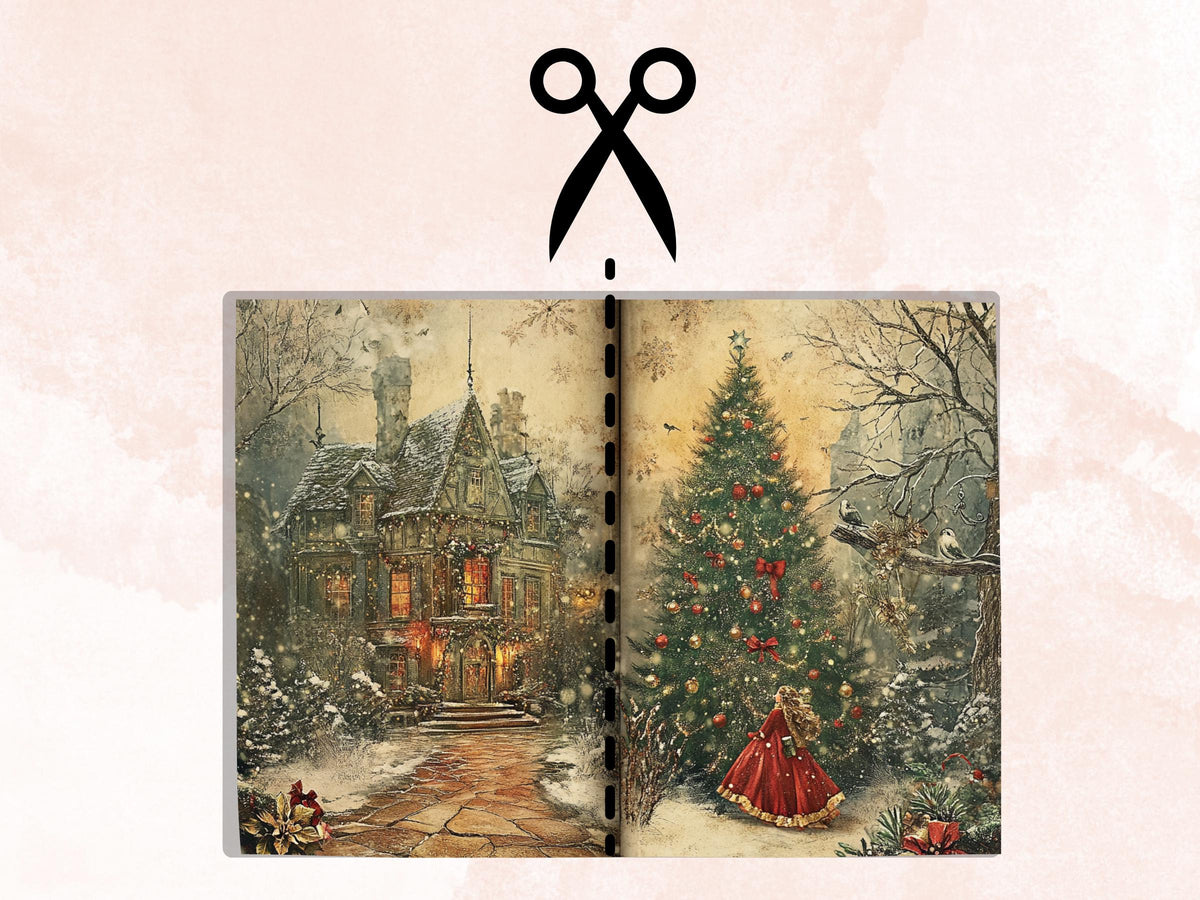 Fairytale Christmas Junk Journal Paper, Double Pages Ephemera Kit, Whimsical Christmas Collage Scrapbook, Magical Horizontal Digital Pages