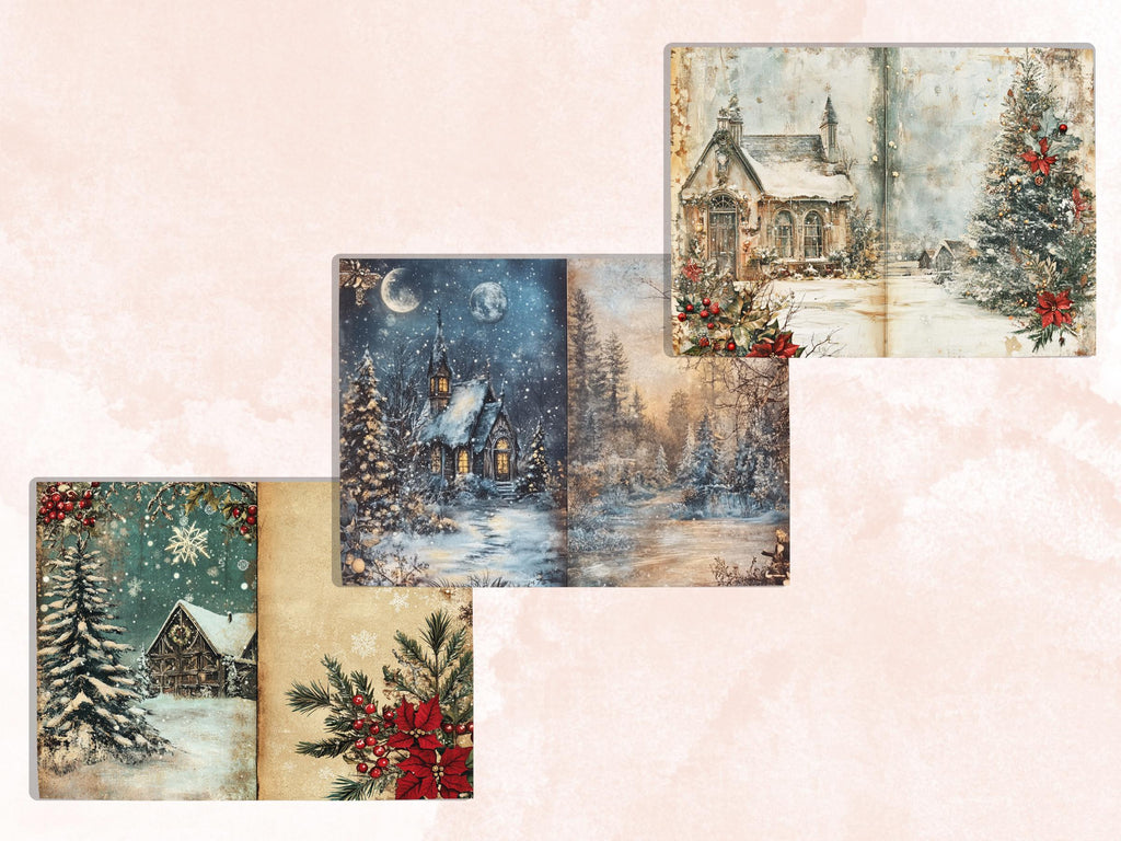 Fairytale Christmas Junk Journal Paper, Double Pages Ephemera Kit, Whimsical Christmas Collage Scrapbook, Magical Horizontal Digital Pages