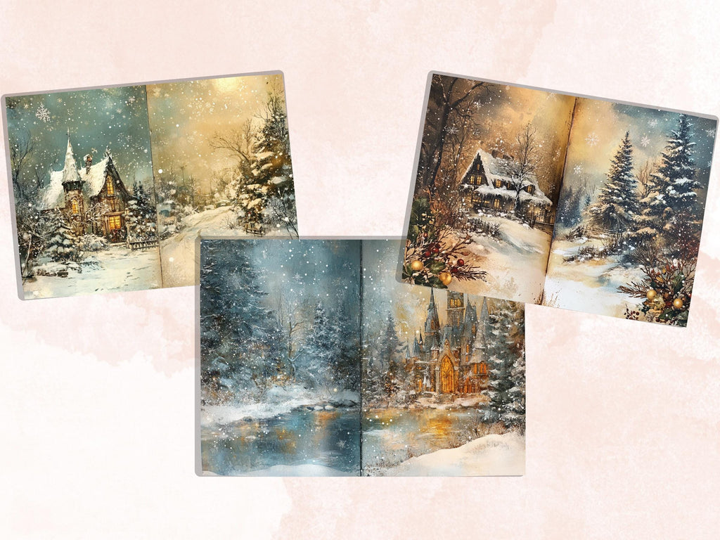 Fairytale Christmas Junk Journal Paper, Double Pages Ephemera Kit, Whimsical Christmas Collage Scrapbook, Magical Horizontal Digital Pages