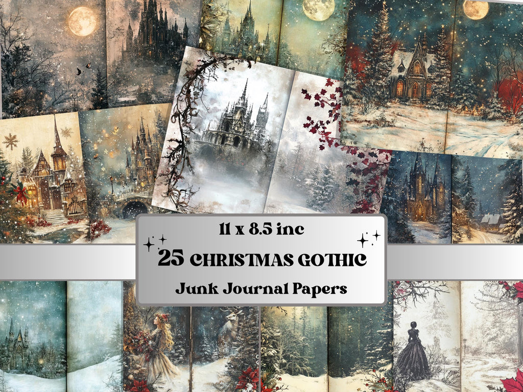Gothic Christmas Junk Journal Paper, Double Xmas Pages Ephemera Kit, Creepy Christmas Collage Scrapbook, Magical Horizontal Digital Pages