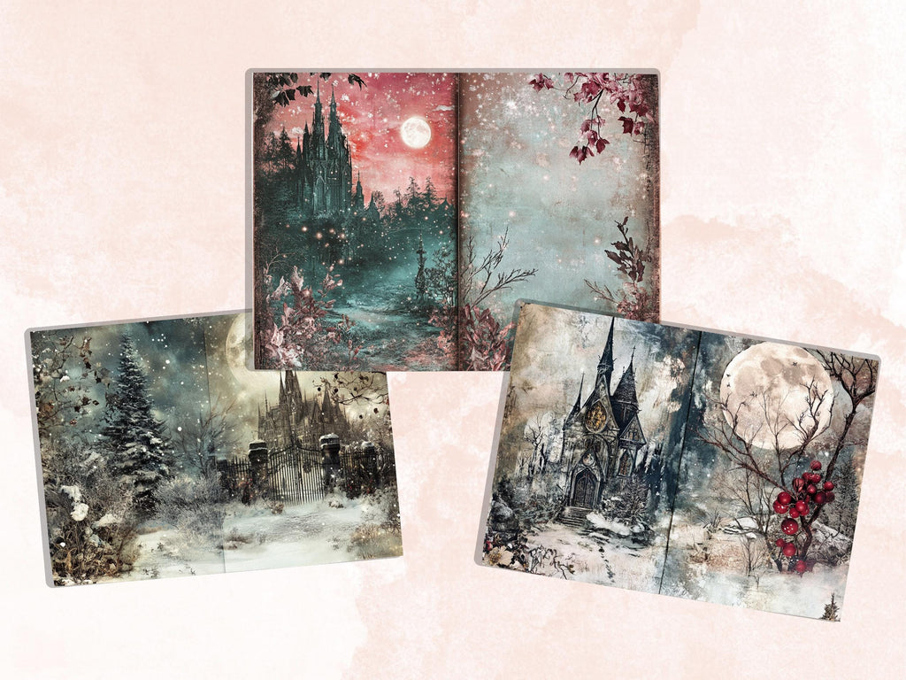 Gothic Christmas Junk Journal Paper, Double Xmas Pages Ephemera Kit, Creepy Christmas Collage Scrapbook, Magical Horizontal Digital Pages