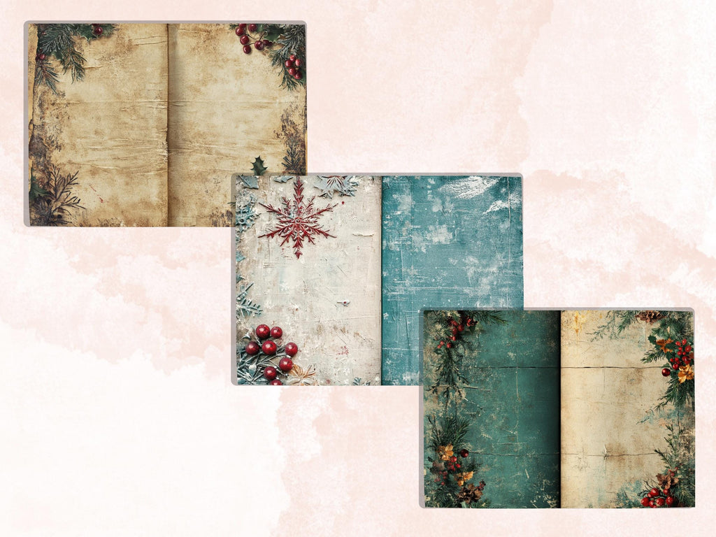Grunge Christmas Junk Journal Paper, Double Xmas Pages Ephemera Kit, Festive Christmas Printable Scrapbook, Horizontal Mixed Media Art