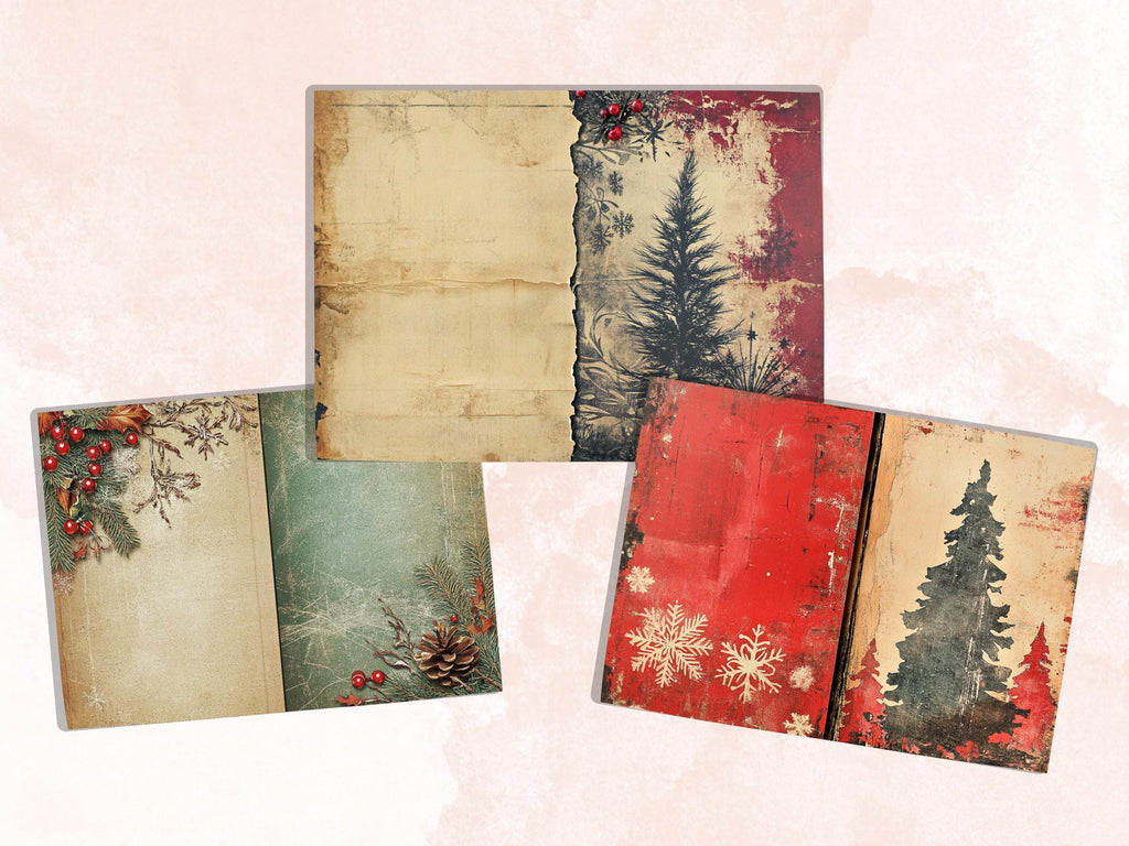 Grunge Christmas Junk Journal Paper, Double Xmas Pages Ephemera Kit, Festive Christmas Printable Scrapbook, Horizontal Mixed Media Art