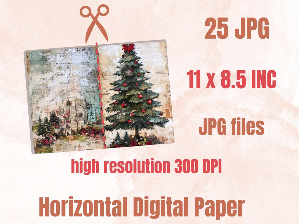 Mixed Media Christmas Paper Ephemera, Double Xmas Pages Journal Kit, Whimsical Christmas Collage Scrapbook, Junk Journal Horizontal Paper