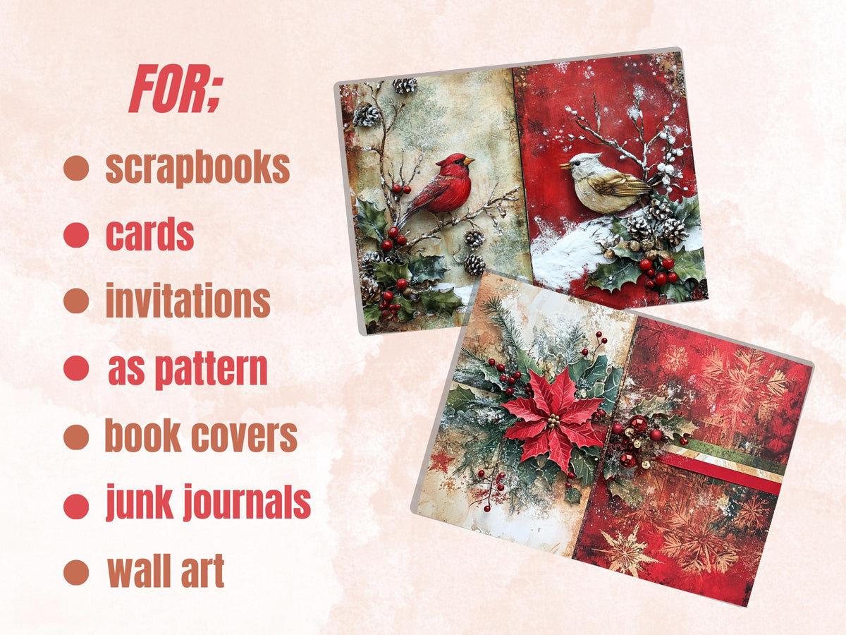Mixed Media Christmas Paper Ephemera, Double Xmas Pages Journal Kit, Whimsical Christmas Collage Scrapbook, Junk Journal Horizontal Paper