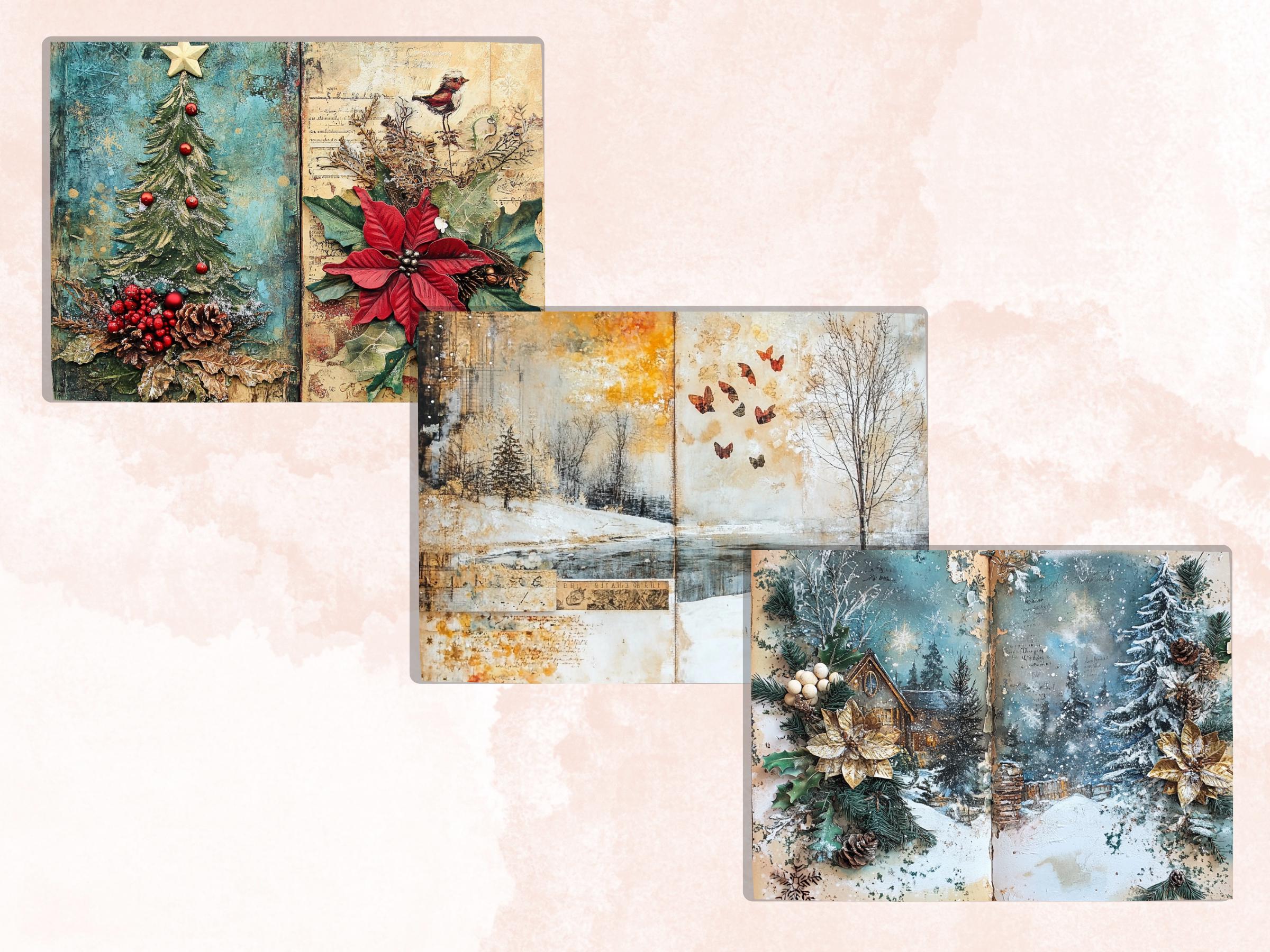 Mixed Media Christmas Paper Ephemera, Double Xmas Pages Journal Kit, Whimsical Christmas Collage Scrapbook, Junk Journal Horizontal Paper