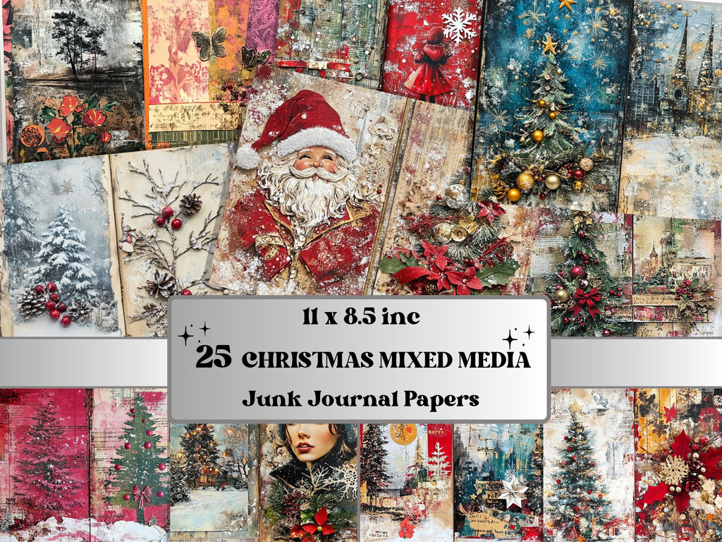 Mixed Media Christmas Paper Ephemera, Double Xmas Pages Journal Kit, Whimsical Christmas Collage Scrapbook, Junk Journal Horizontal Paper