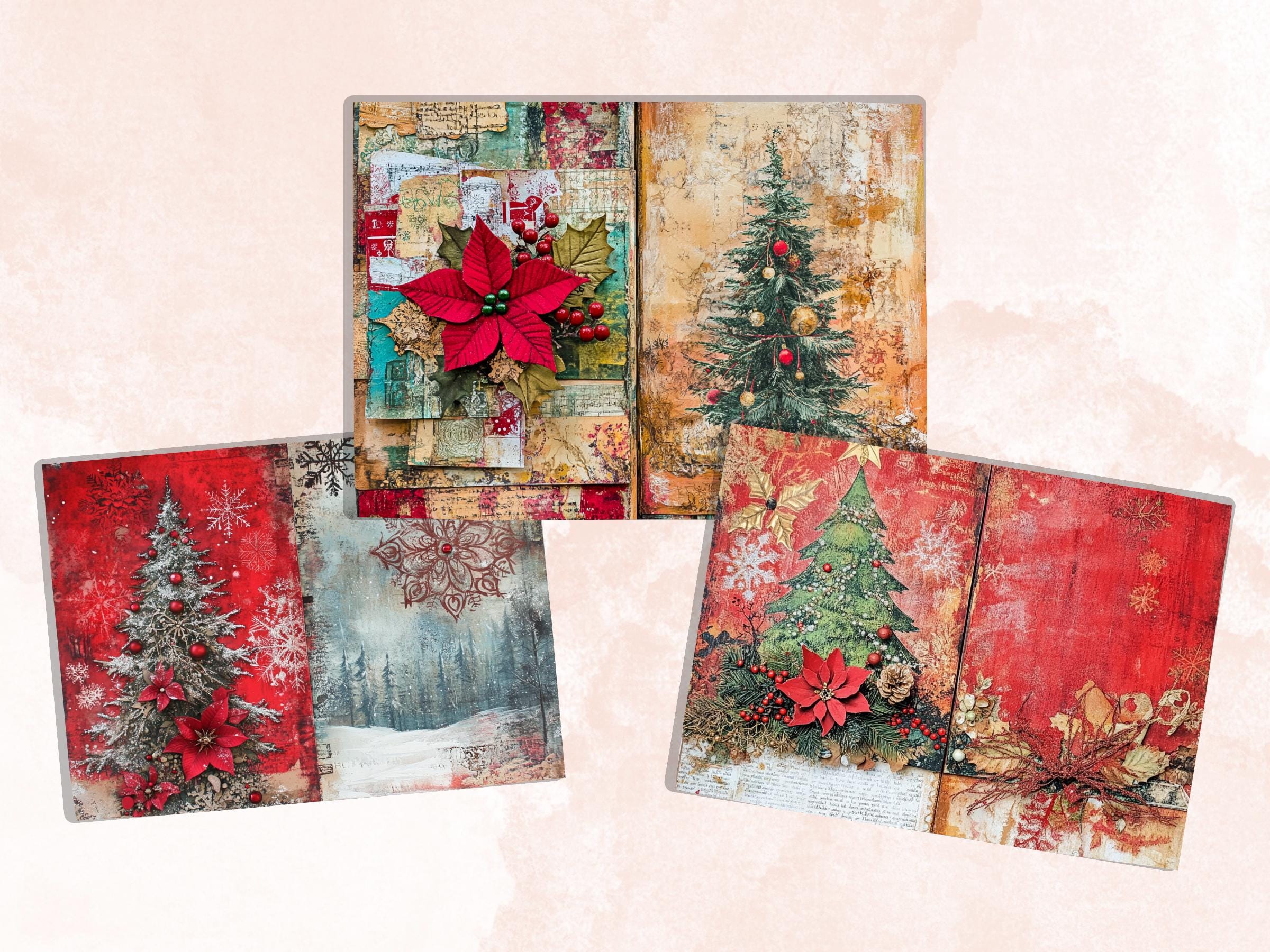 Mixed Media Christmas Paper Ephemera, Double Xmas Pages Journal Kit, Whimsical Christmas Collage Scrapbook, Junk Journal Horizontal Paper