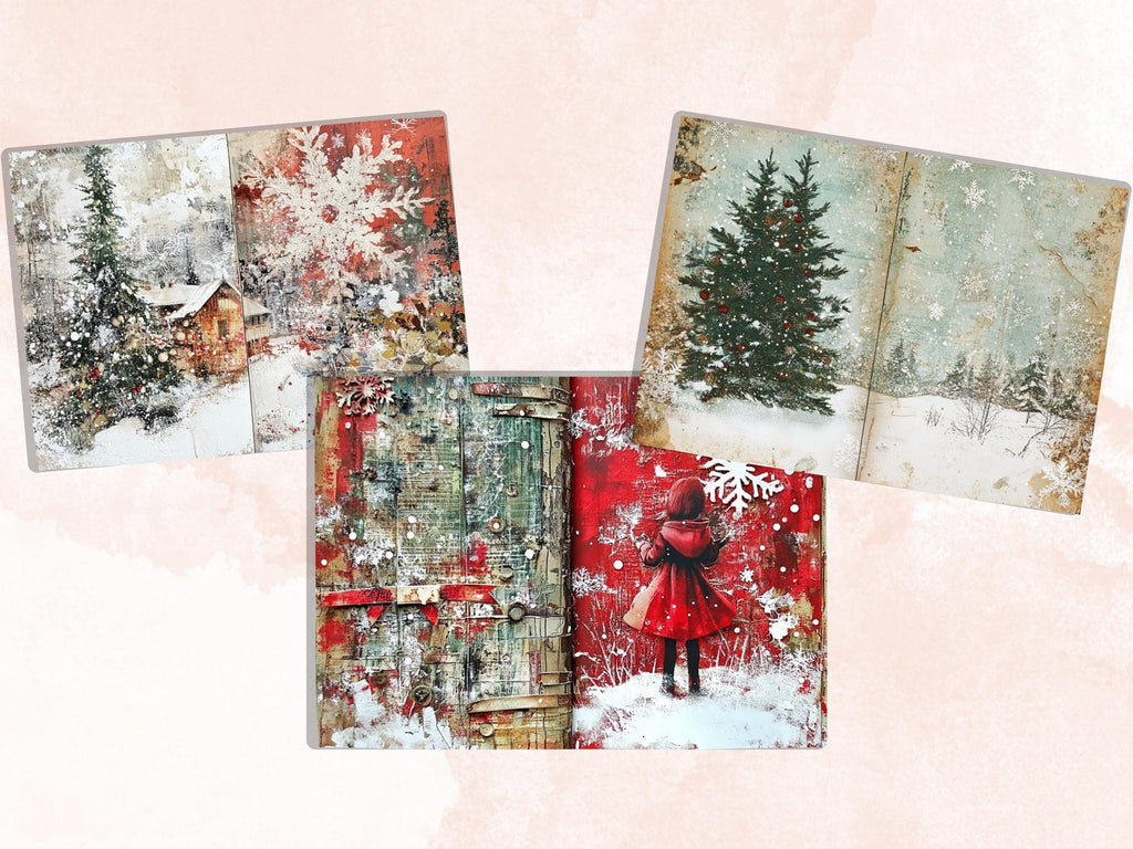 Mixed Media Christmas Paper Ephemera, Double Xmas Pages Journal Kit, Whimsical Christmas Collage Scrapbook, Junk Journal Horizontal Paper