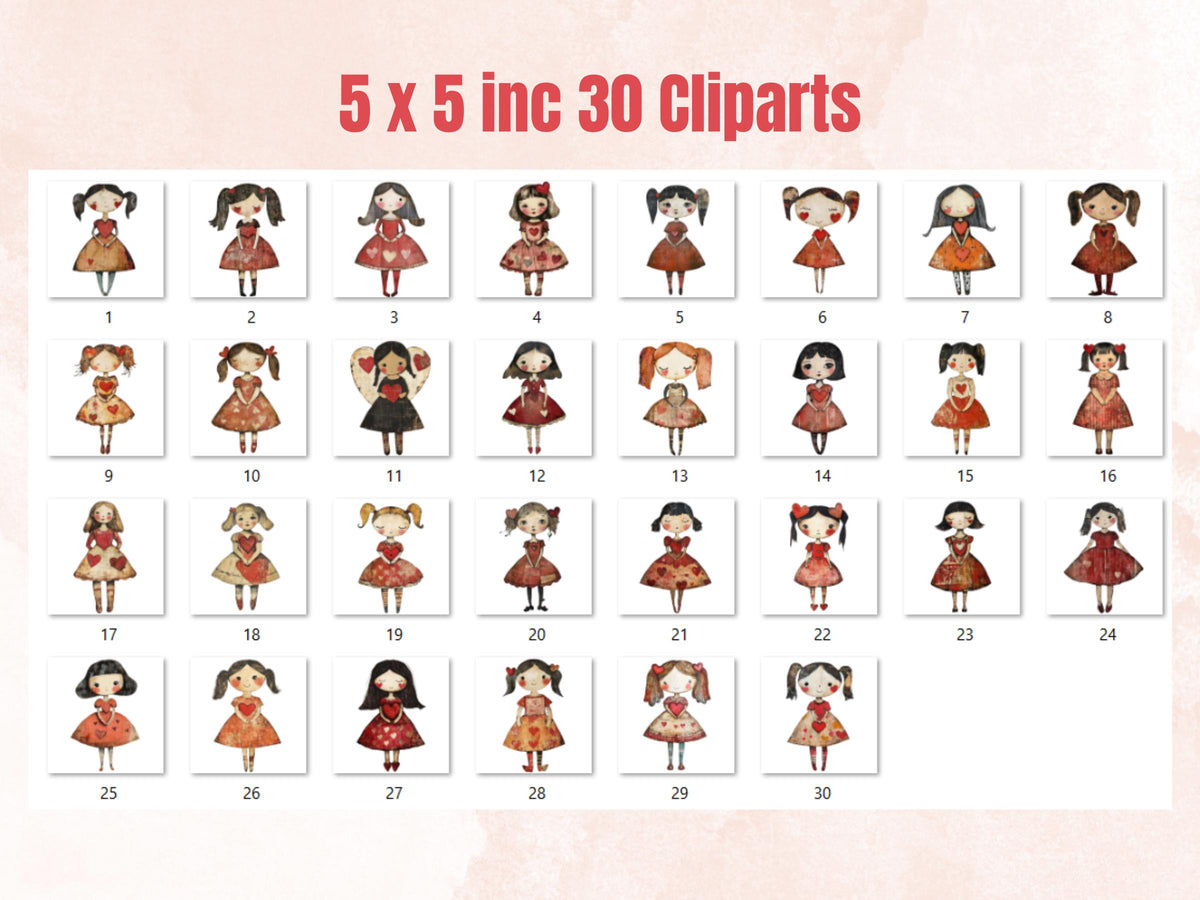 Valentines Day Paper Doll Mixed Media Clipart, Valentine Girl Fussy Cut Collage Sheet, Quirky Cut Out Ephemera, PNG + JPG for Scrapbooking