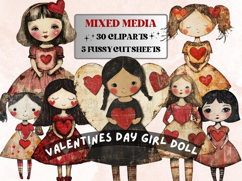 Valentines Day Paper Doll Mixed Media Clipart, Valentine Girl Fussy Cut Collage Sheet, Quirky Cut Out Ephemera, PNG + JPG for Scrapbooking