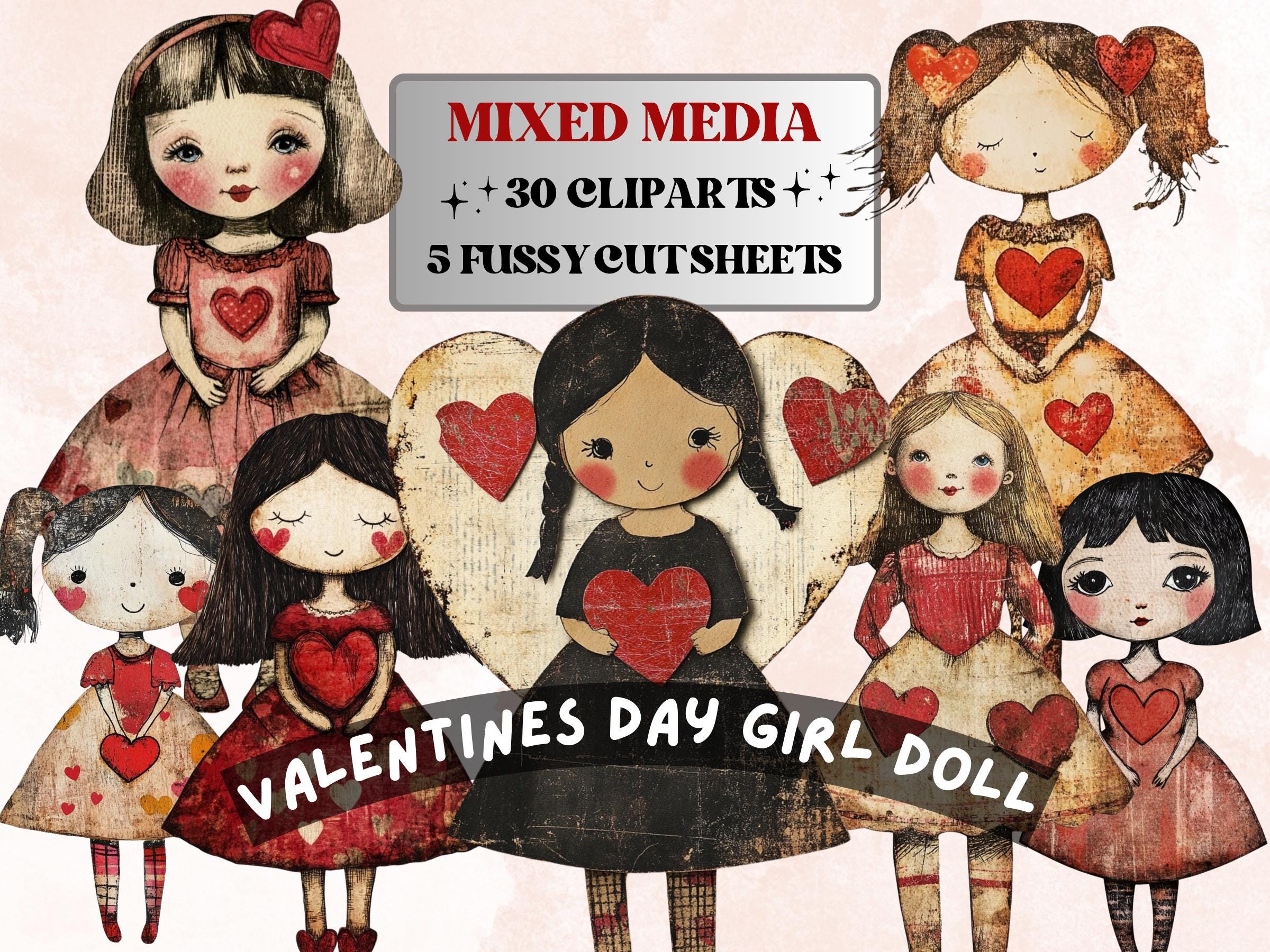 Valentines Day Paper Doll Mixed Media Clipart, Valentine Girl Fussy Cut Collage Sheet, Quirky Cut Out Ephemera, PNG + JPG for Scrapbooking