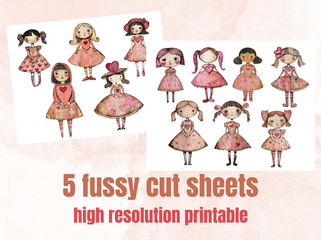 Pink Valentines Day Doll Mixed Media Clipart, Valentine Girl Fussy Cut Collage Sheet, Quirky Cut Out Ephemera, PNG + JPG for Scrapbooking