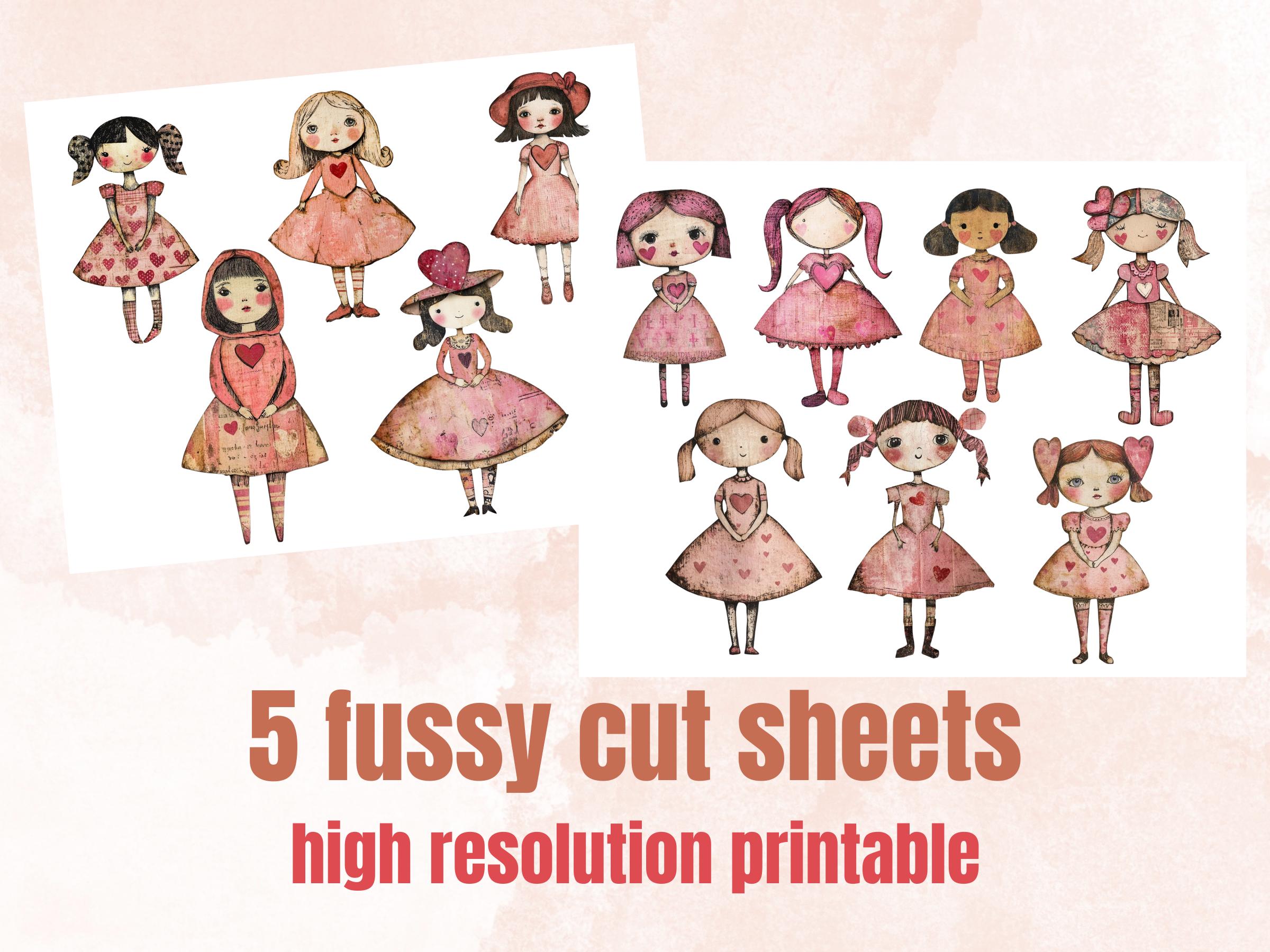 Pink Valentines Day Doll Mixed Media Clipart, Valentine Girl Fussy Cut Collage Sheet, Quirky Cut Out Ephemera, PNG + JPG for Scrapbooking