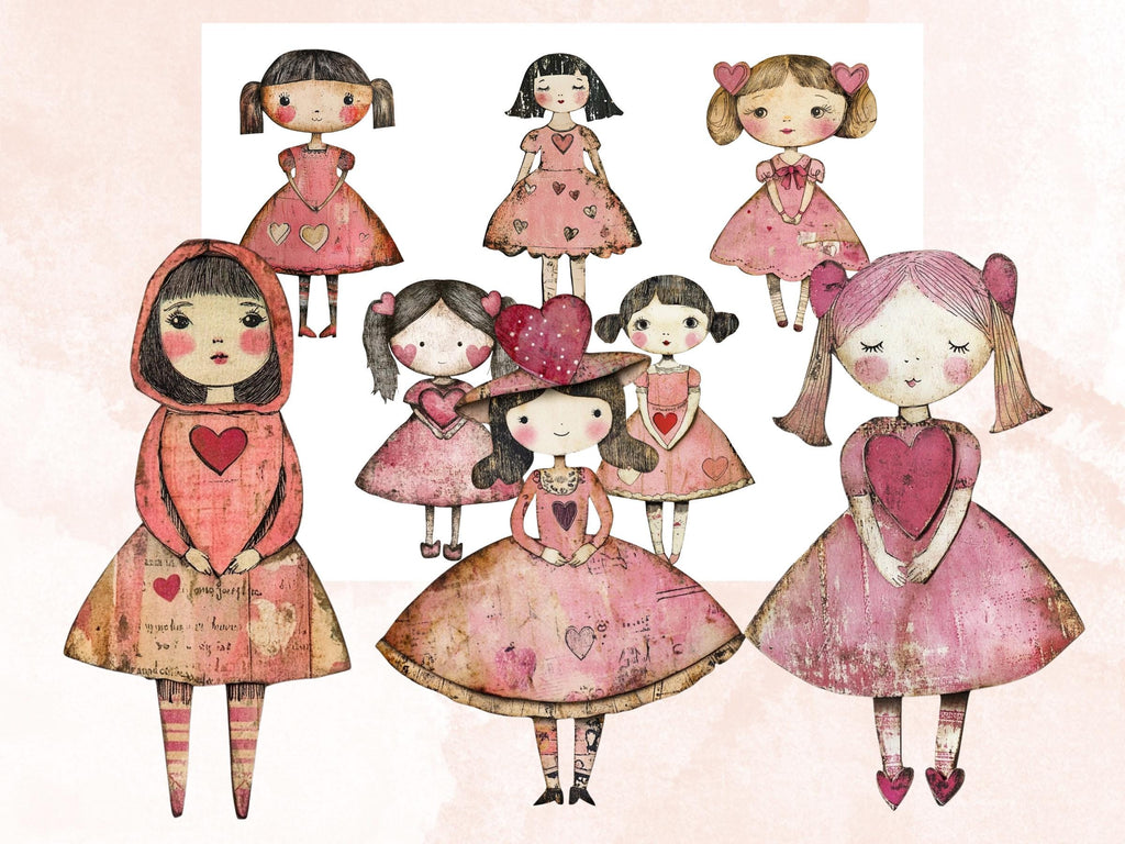 Pink Valentines Day Doll Mixed Media Clipart, Valentine Girl Fussy Cut Collage Sheet, Quirky Cut Out Ephemera, PNG + JPG for Scrapbooking