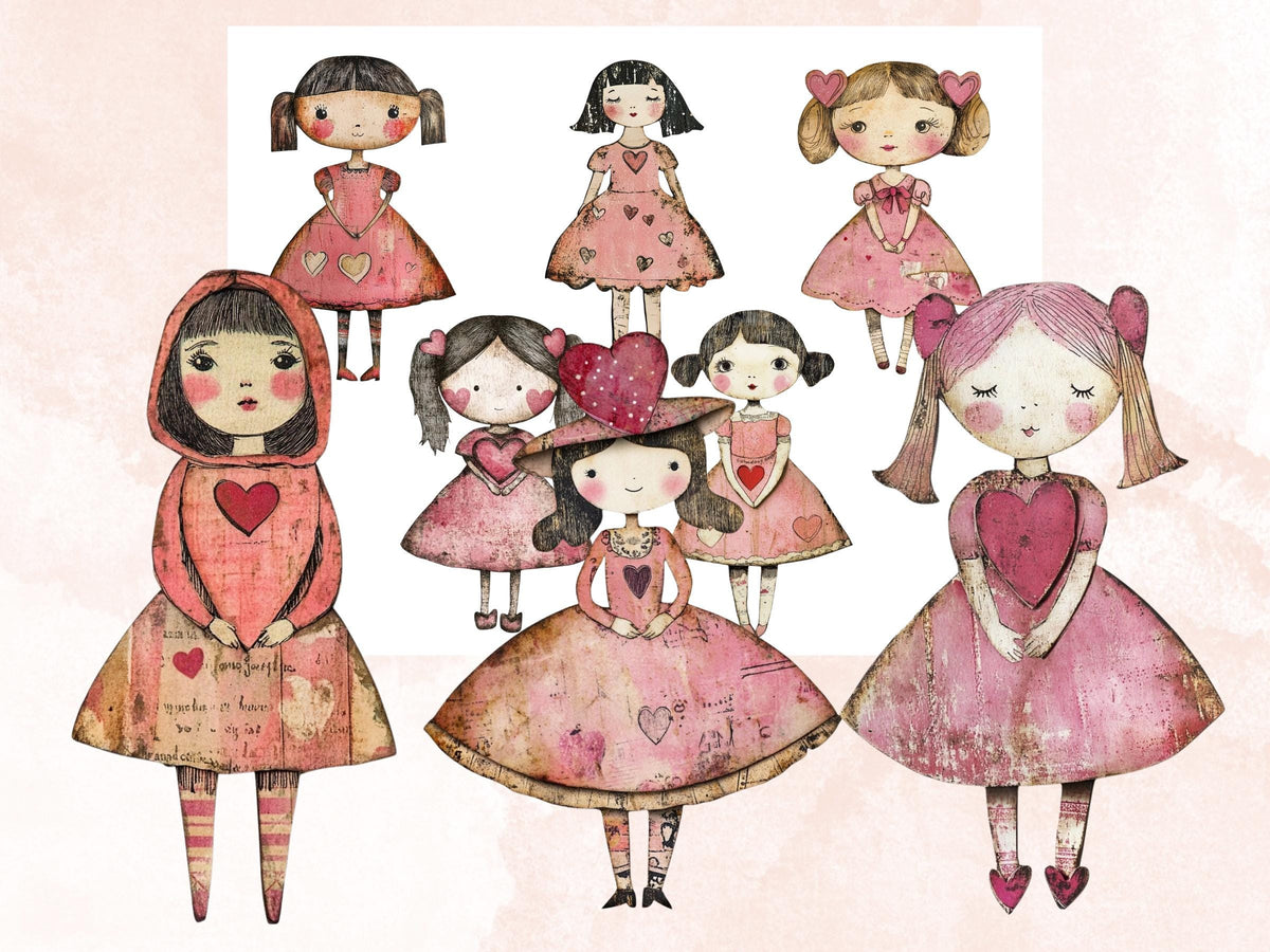Pink Valentines Day Doll Mixed Media Clipart, Valentine Girl Fussy Cut Collage Sheet, Quirky Cut Out Ephemera, PNG + JPG for Scrapbooking